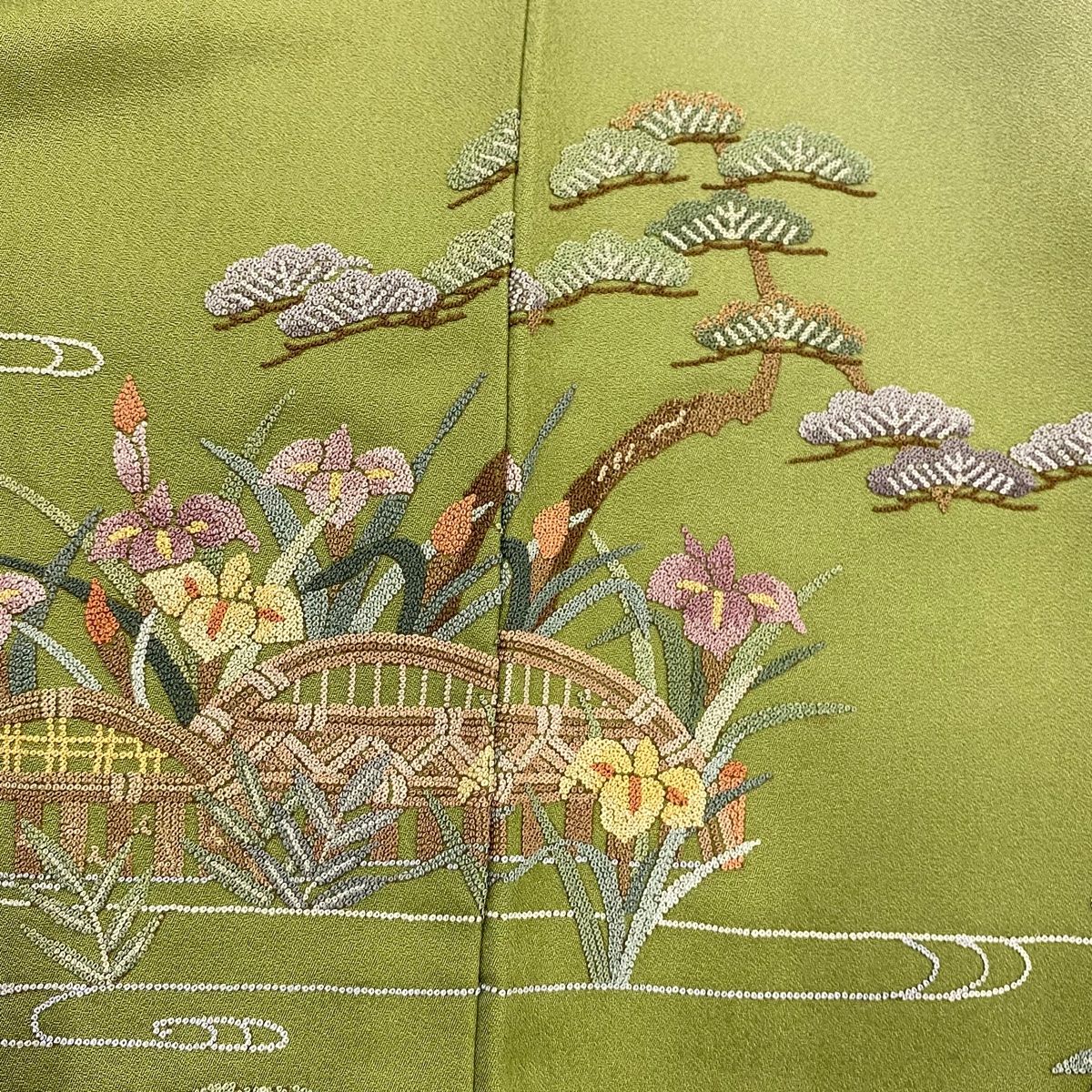  訪問着 身丈157 cm 裄丈63 S 袷 御所車 松竹梅 相良刺繍 金糸 抹茶色 正絹 秀品 訪問着 付け下げ 着物