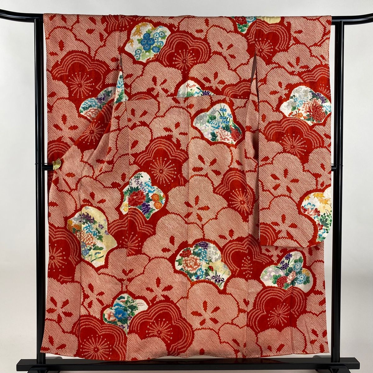 振袖 身丈156 cm 裄丈63 5 S 袷 菊 梅 金糸 総絞り 朱色 正絹 秀品
