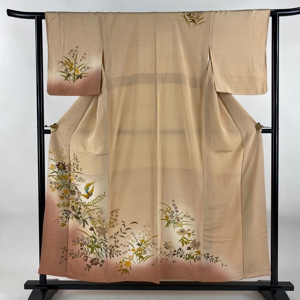 訪問着 身丈156 cm 裄丈62 S 袷 尾長鳥 草花 染め分け ぼかし 薄オレンジ 正絹 秀品