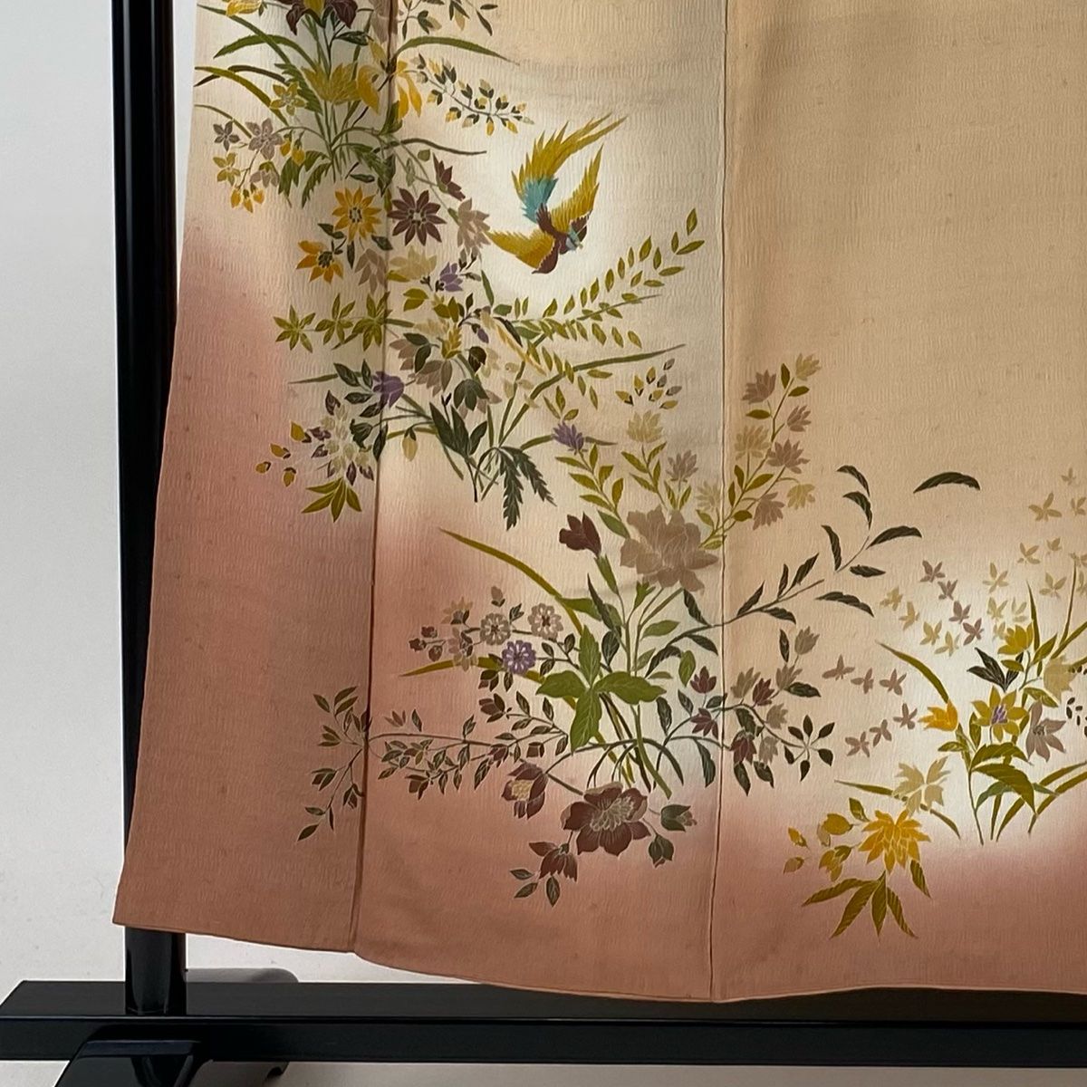 訪問着 身丈156 cm 裄丈62 S 袷 尾長鳥 草花 染め分け ぼかし 薄オレンジ 正絹 秀品