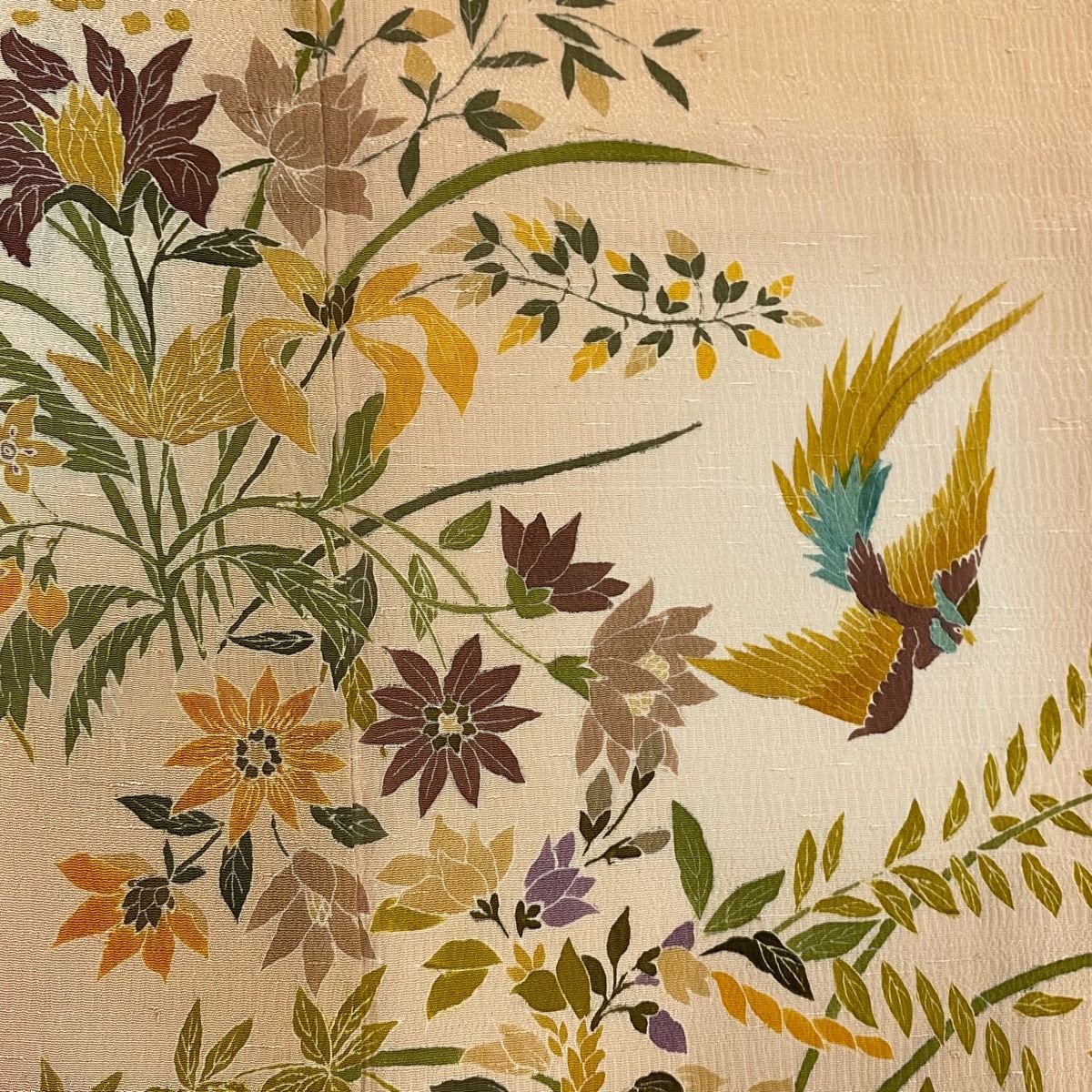  訪問着 身丈156 cm 裄丈62 S 袷 尾長鳥 草花 染め分け ぼかし 薄オレンジ 正絹 秀品 訪問着 付け下げ 着物