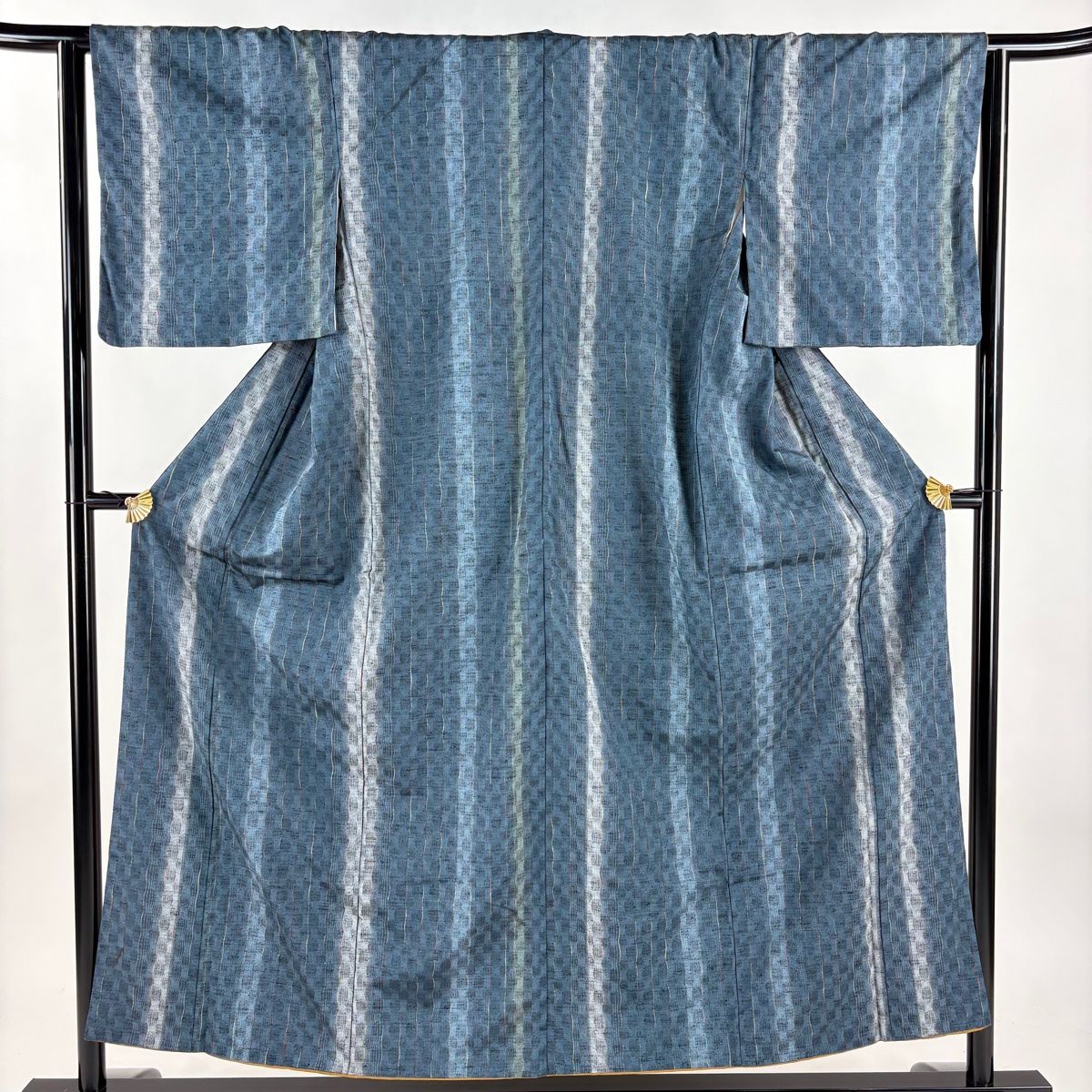 紬 身丈153 cm 裄丈63.5 S 袷 縞 藍色 正絹 秀品