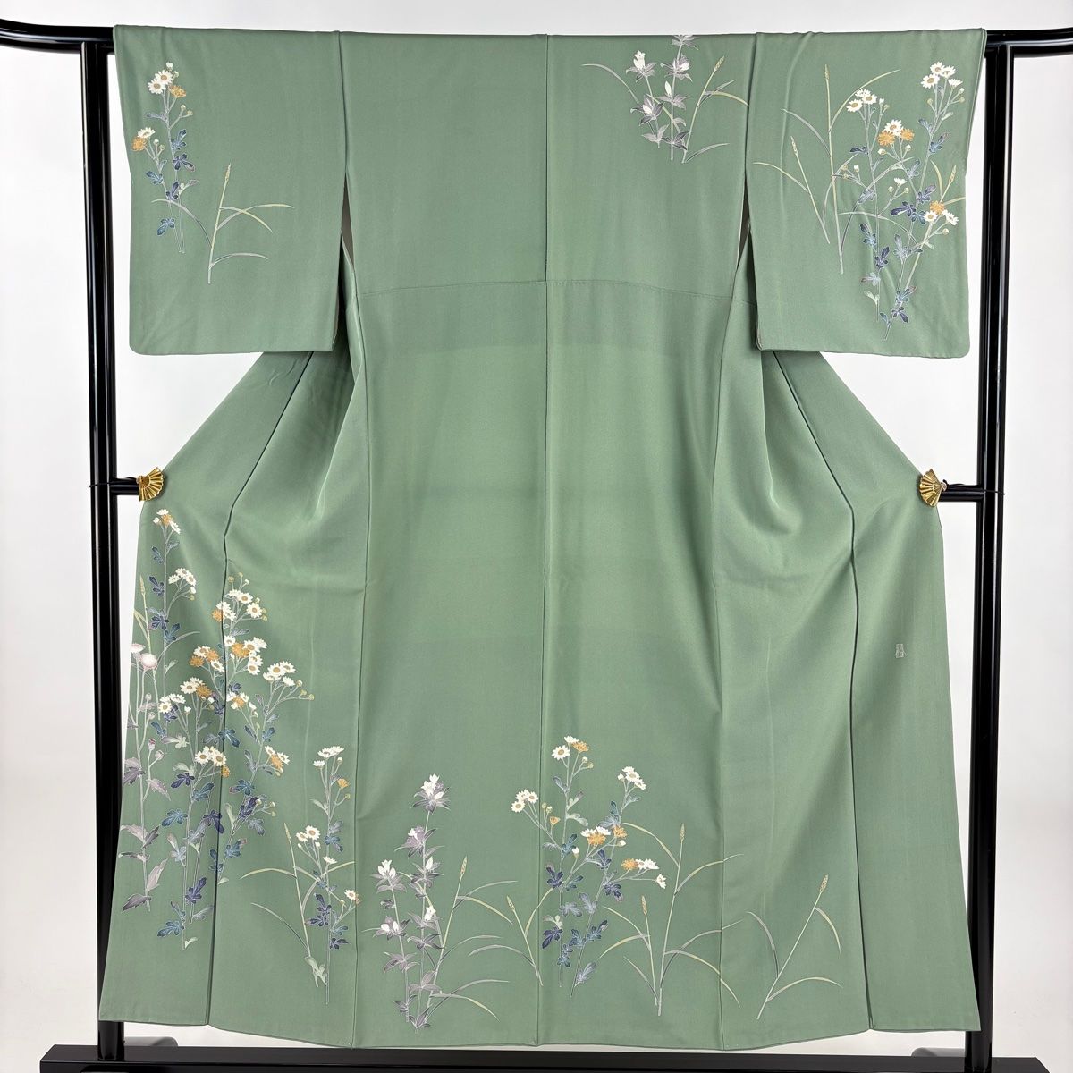 訪問着 身丈152.5 cm 裄丈62.5 S 袷 落款 菊 竜胆 灰緑 正絹 秀品