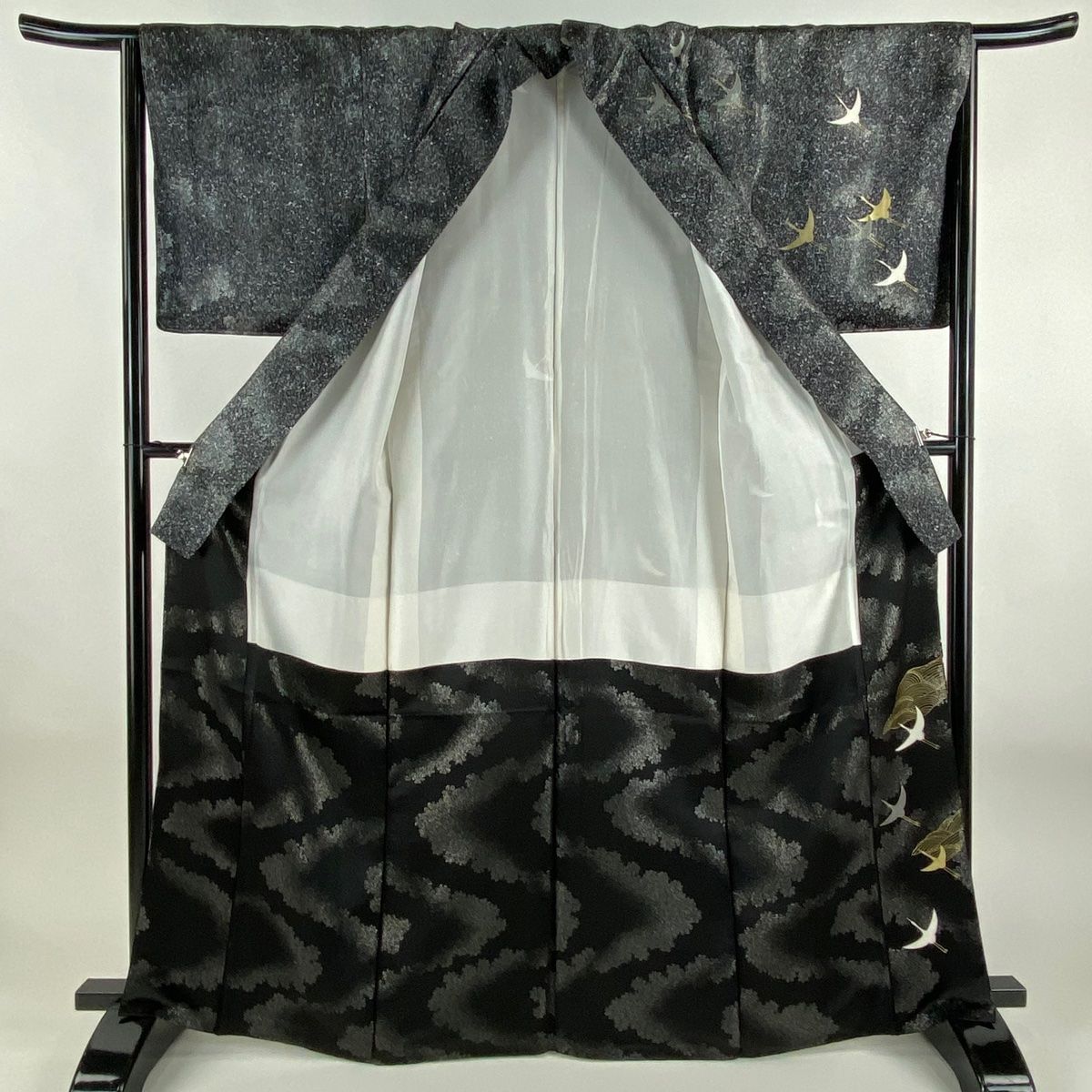  訪問着 身丈166 cm 裄丈66 M 袷 鶴 波 銀通し 金彩 黒 正絹 秀品 訪問着 付け下げ 着物