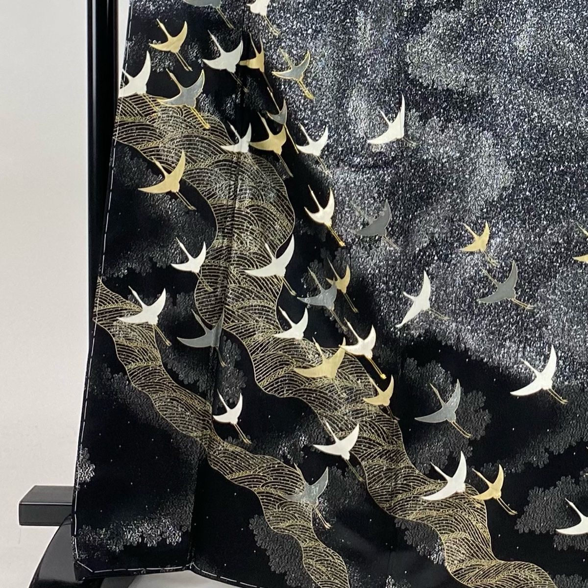 訪問着 身丈166 cm 裄丈66 M 袷 鶴 波 銀通し 金彩 黒 正絹 秀品