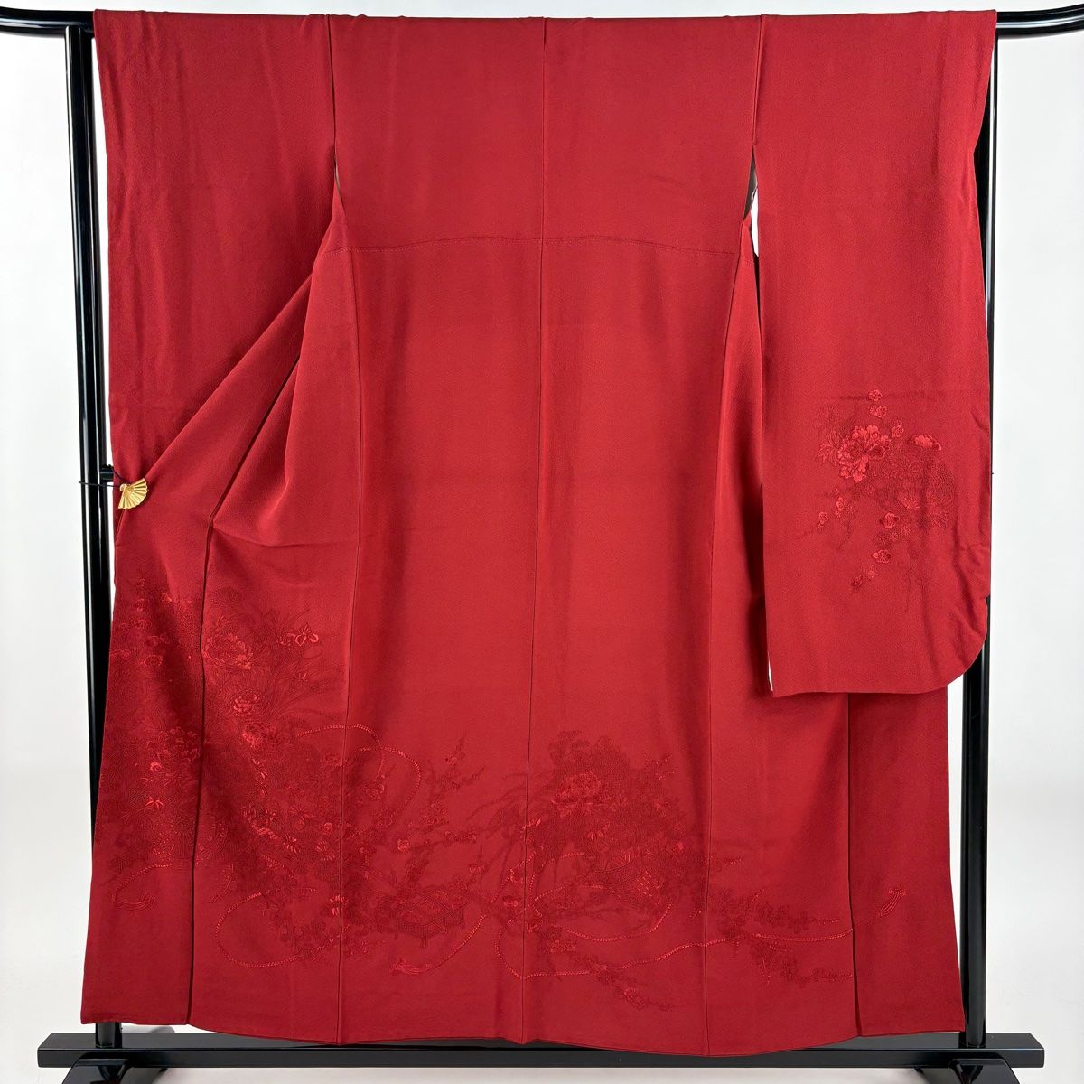 振袖 身丈155 cm 裄丈65 M 袷 花車 花籠 刺繍 赤 正絹 秀品