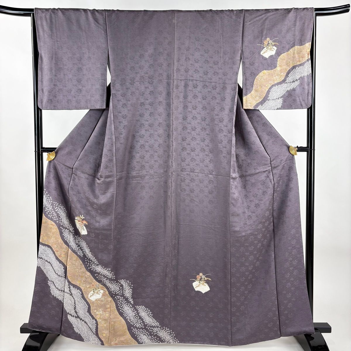 付下げ 身丈161cm 裄丈66cm M 袷 笠松 道長取り 刺繍 絞り 紫 正絹 秀