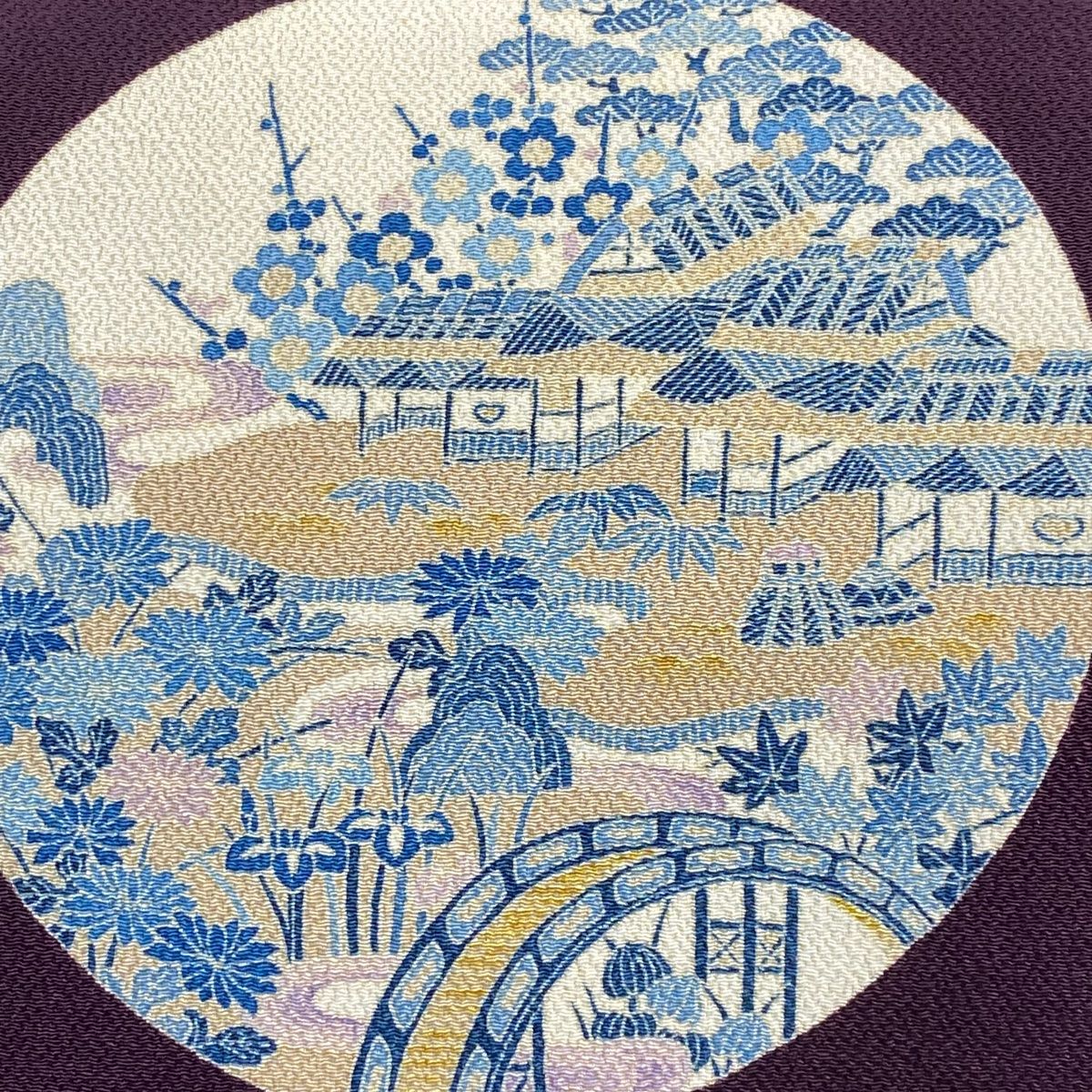 開き名古屋帯 秀品 落款 家屋 松竹梅 縮緬 濃紫 正絹