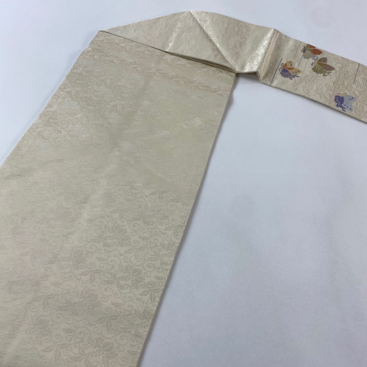  名古屋帯 秀品 蝶 霞 唐織 クリーム 正絹 名古屋帯 帯