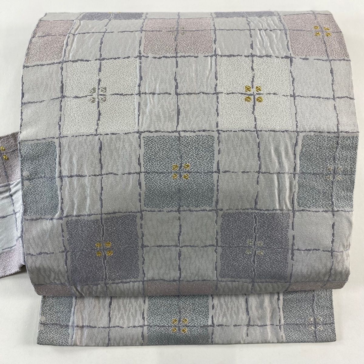 名古屋帯 秀品 変わり市松 花 金銀糸 灰紫 正絹