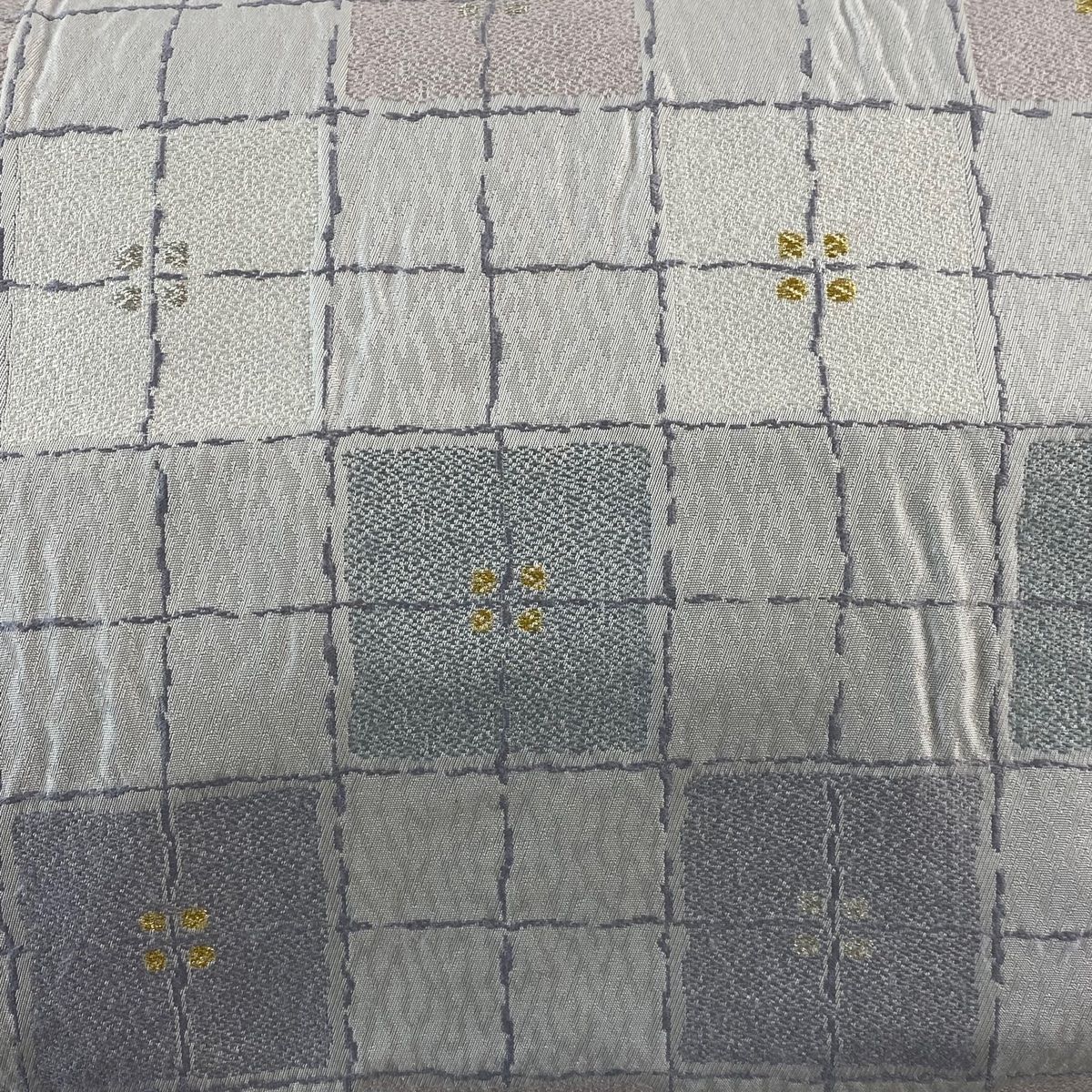 名古屋帯 秀品 変わり市松 花 金銀糸 灰紫 正絹