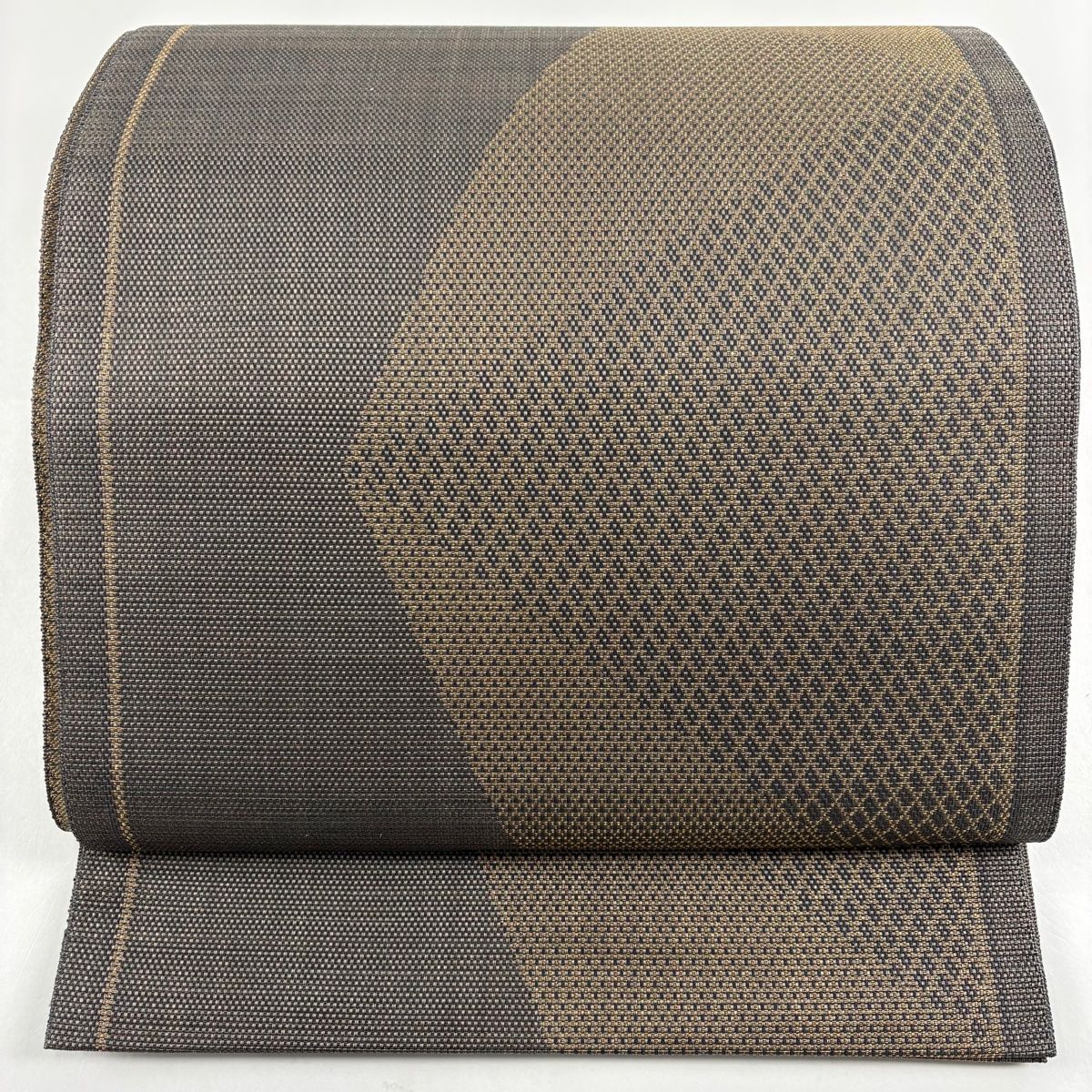 美品】 名古屋帯 秀品 斜め格子 幾何学模様 金糸 灰茶 正絹 【中古
