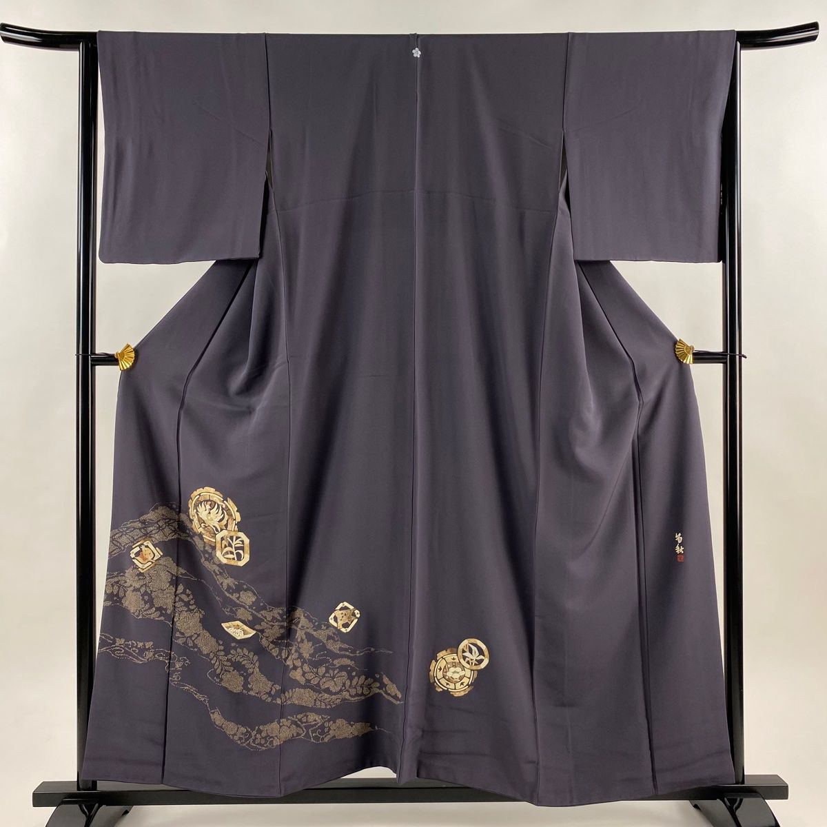 付下げ 身丈158cm 裄丈64.5cm M 袷 田尾笛秋 蓑虫工芸 落款 鳥 草花 灰紫 正絹 名品 一つ紋 【】
