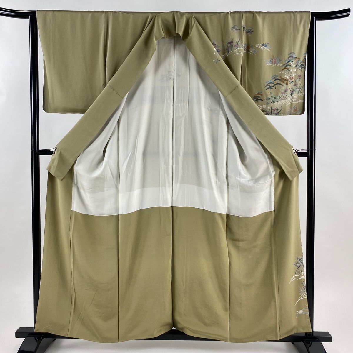  訪問着 身丈158 5 cm 裄丈64 M 袷 落款 草花 建物 刺繍 金糸 灰緑 正絹 訪問着 付け下げ 着物