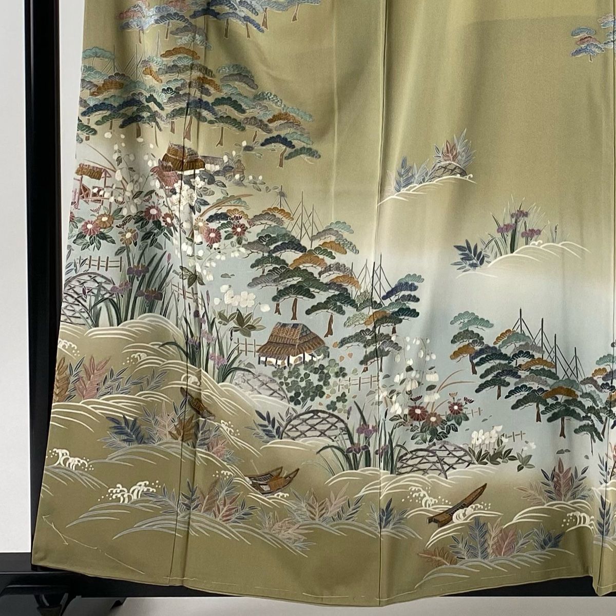 訪問着 身丈158.5 cm 裄丈64.5 M 袷 落款 草花 建物 刺繍 金糸 灰緑 正絹