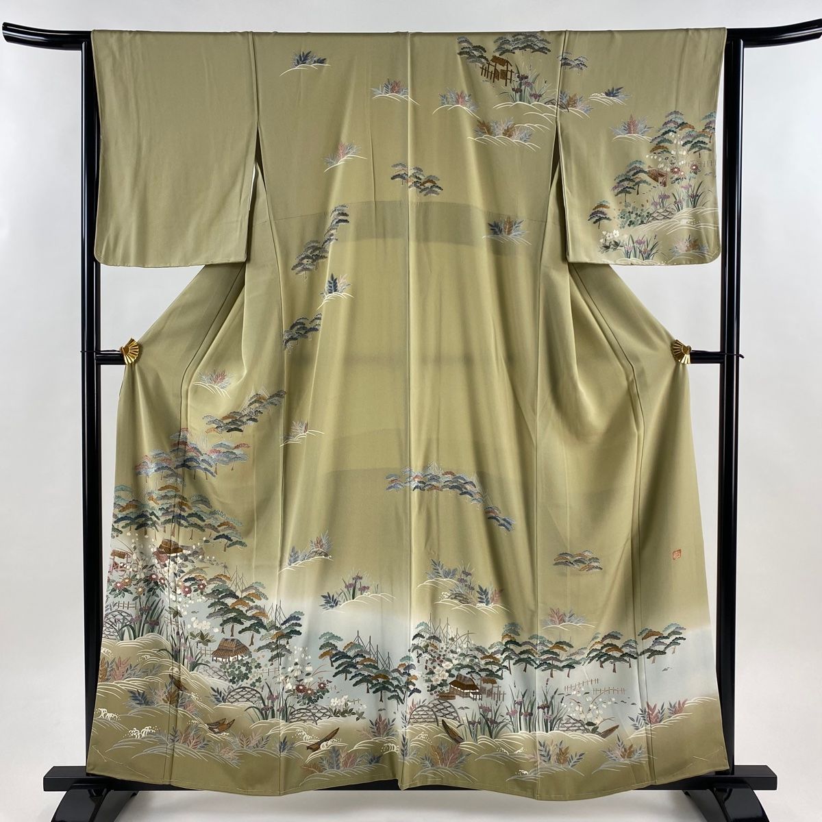 訪問着 身丈158 5 cm 裄丈64 M 袷 落款 草花 建物 刺繍 金糸 灰緑 正絹