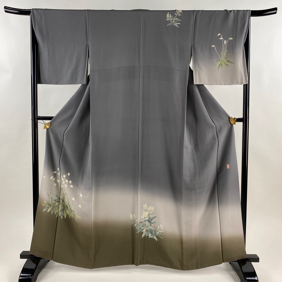 訪問着 身丈162 cm 裄丈67 M 袷 田村哲彦 落款 草花 ぼかし 灰色 正絹