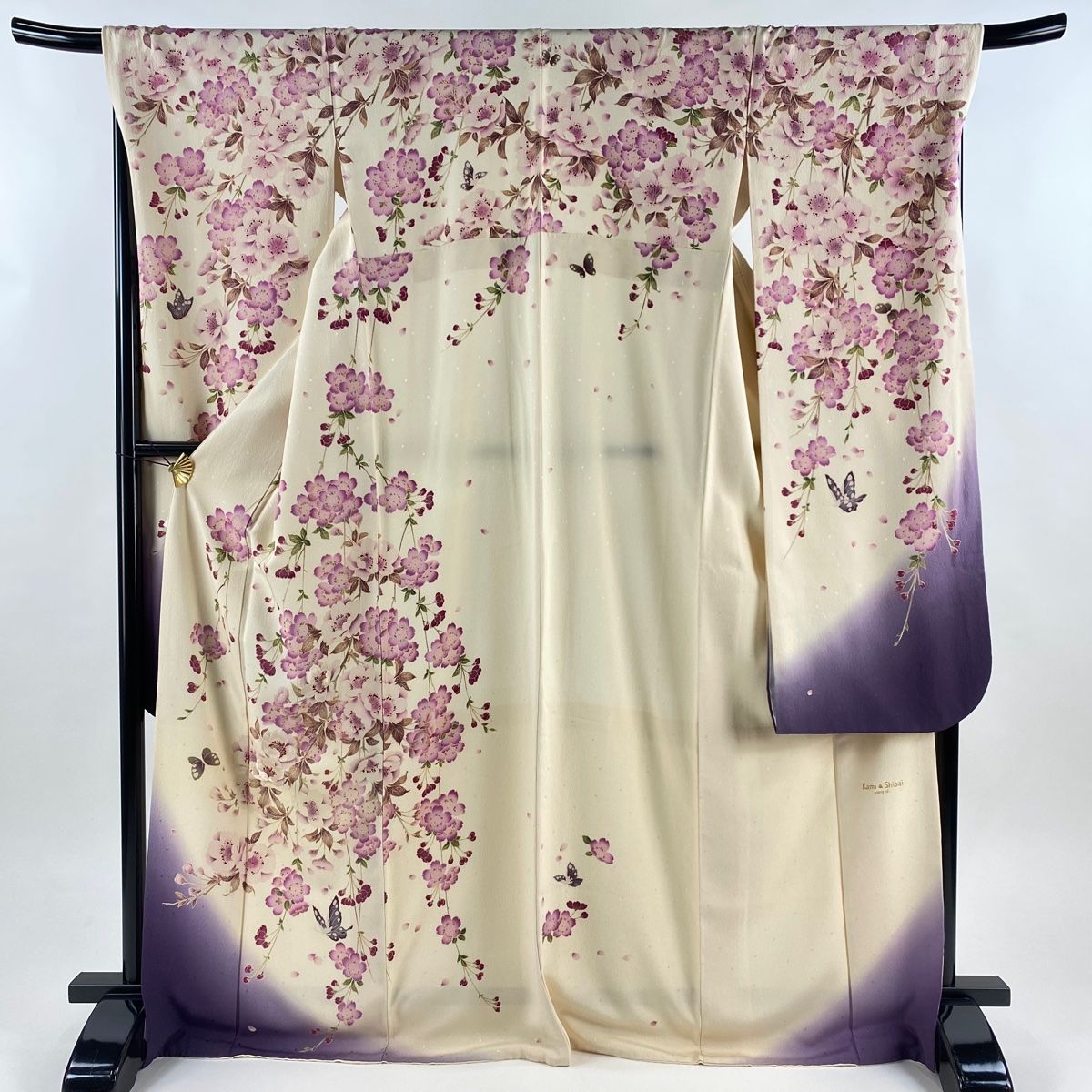 振袖 身丈170 cm 裄丈69.5 L 袷 桜 蝶 刺繍 箔 クリーム 正絹