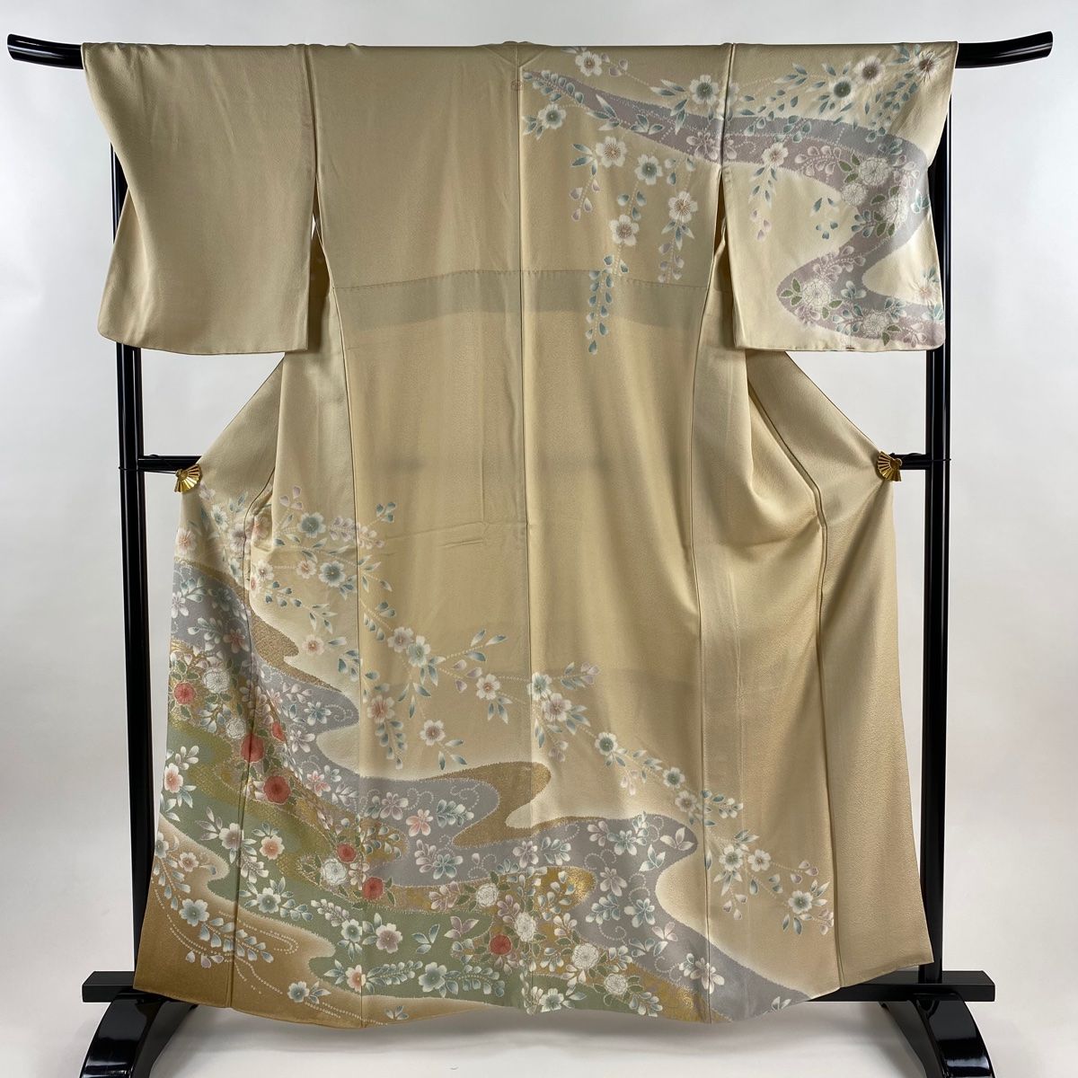 訪問着 身丈161 5 cm 裄丈69 L 袷 草花 流水 金彩 ぼかし ベージュ 正絹 一つ紋