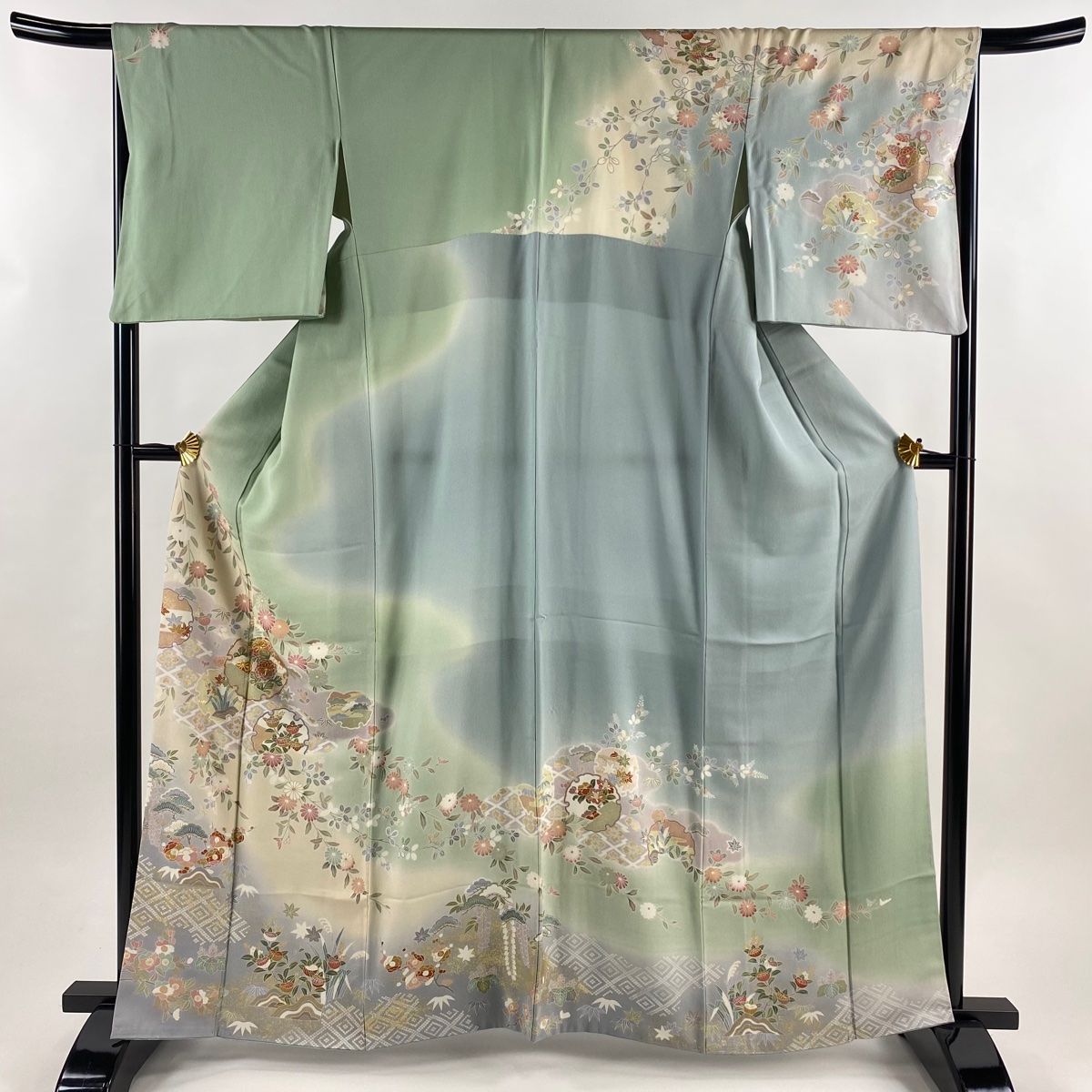 訪問着 身丈162.5cm 裄丈67.5cm L 袷 鈴乃屋 雪輪 松竹梅 金糸 金彩 薄緑 正絹 名品 【】