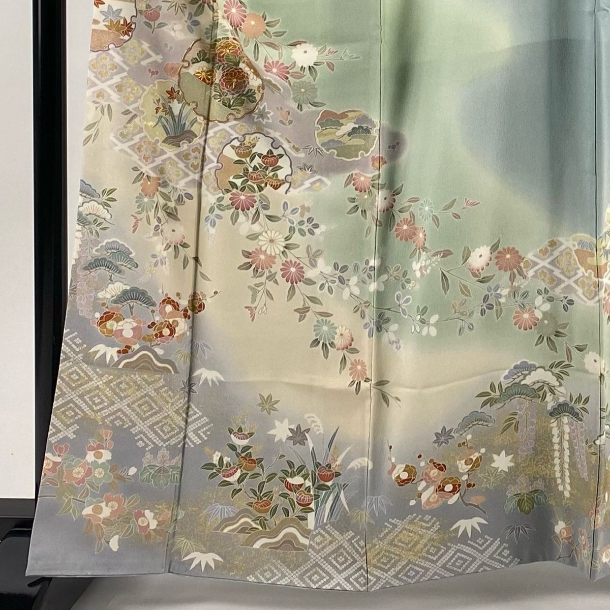 訪問着 身丈162.5 cm 裄丈67.5 L 袷 鈴乃屋 雪輪 松竹梅 金糸 金彩 薄緑 正絹