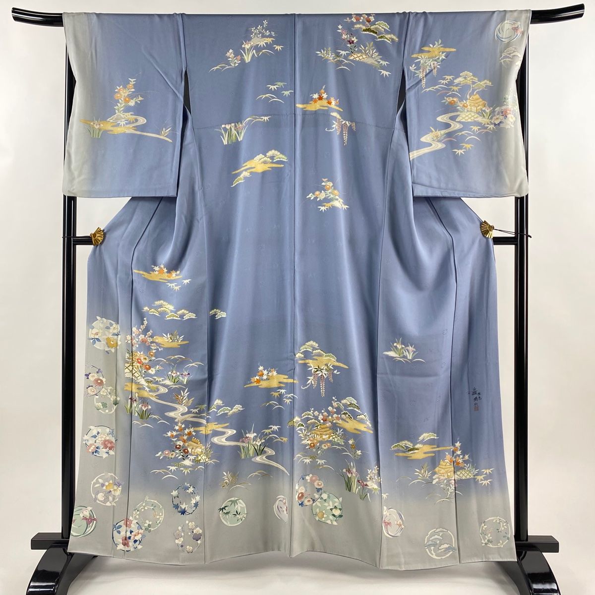 訪問着 身丈161 cm 裄丈68.5 L 袷 落款 家屋 松竹梅 刺繍 金彩 青灰色 正絹