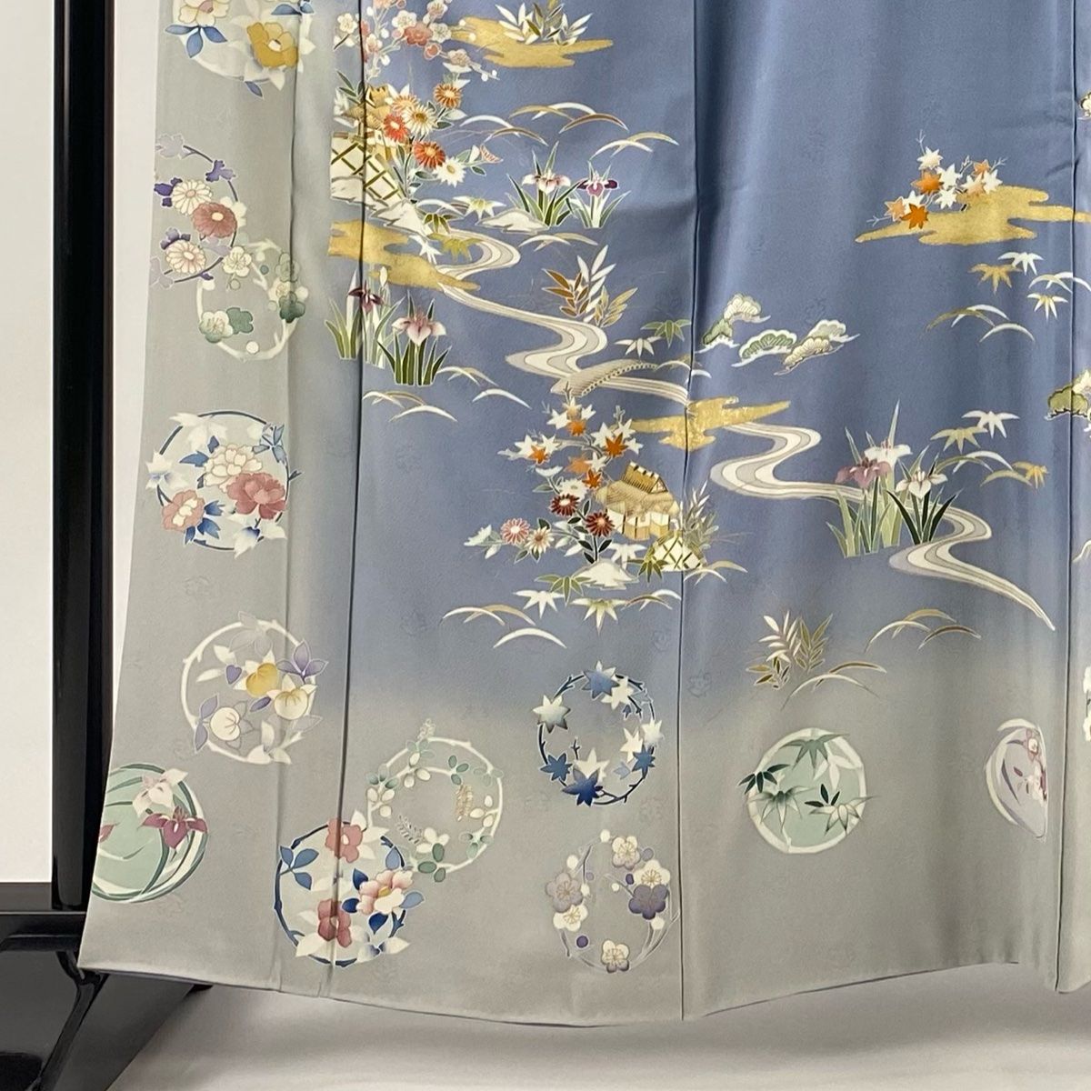 訪問着 身丈161 cm 裄丈68 5 L 袷 落款 家屋 松竹梅 刺繍 金彩 青灰色 正絹