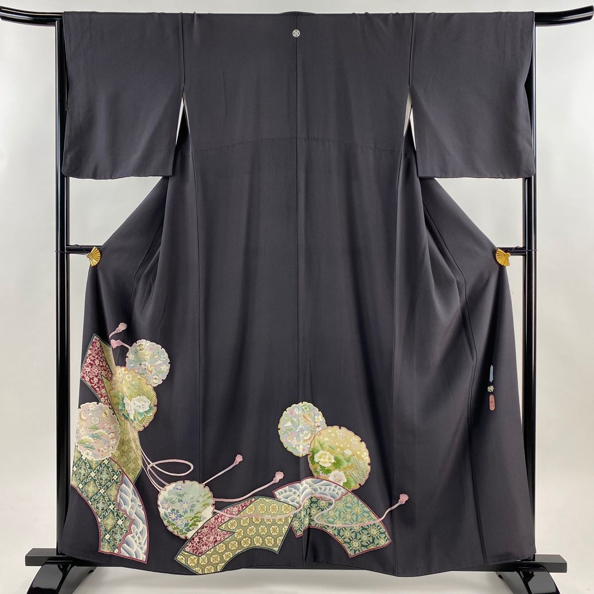 色留袖 身丈159 cm 裄丈65 M 袷 落款 雪輪 牡丹 黒灰 正絹 一つ紋