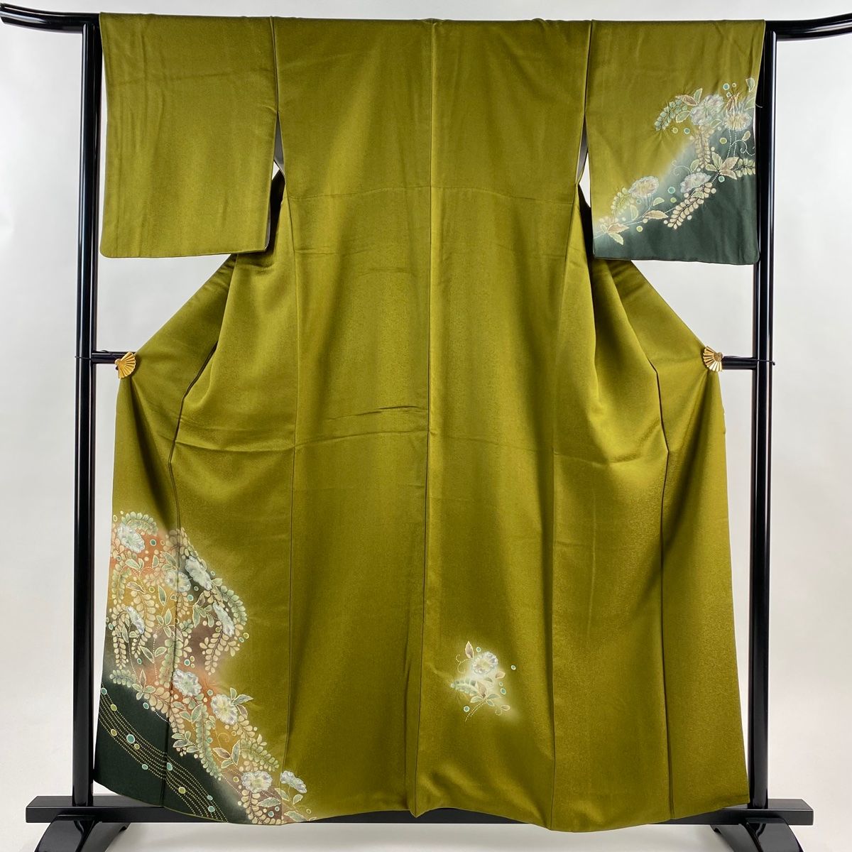 付下げ 身丈159.5 cm 裄丈64.5 M 袷 辻が花柄 霞 ぼかし 鶯色 正絹