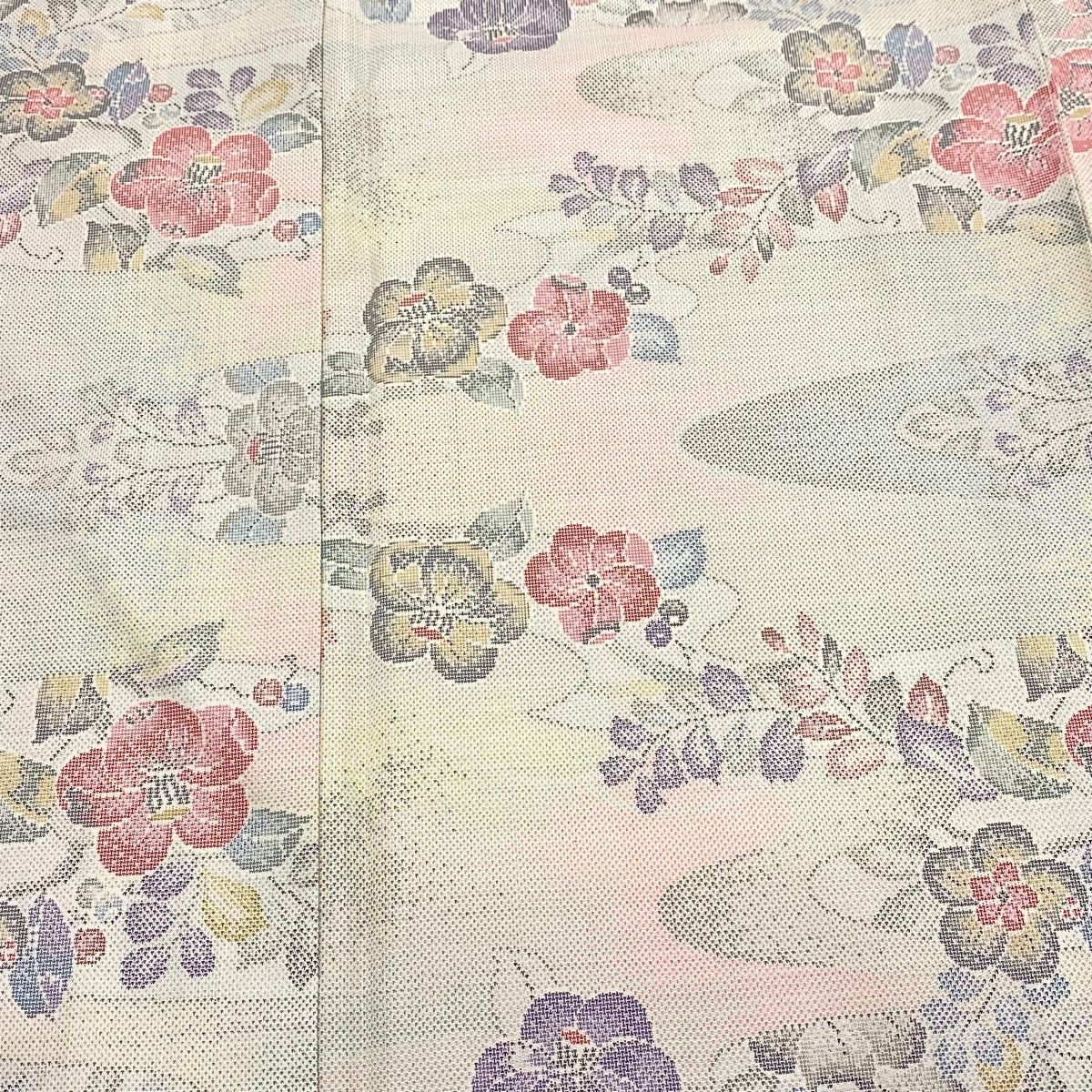  紬 身丈162.5 cm 裄丈63 S 袷 椿 霞 クリーム 正絹 紬 着物