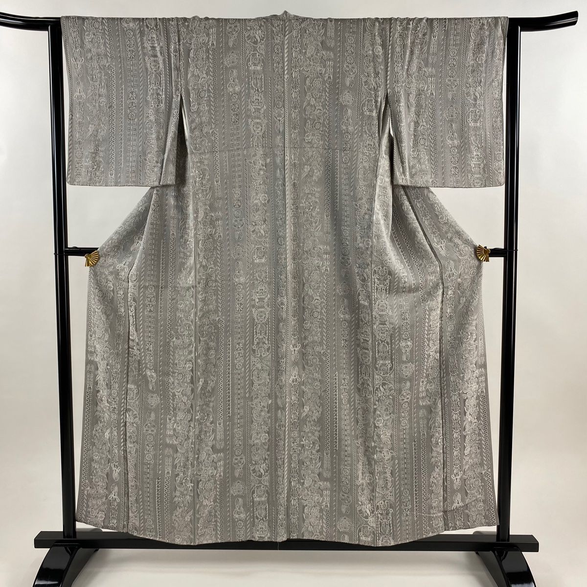 小紋 身丈156 cm 裄丈63.5 S 袷 草花 幾何学模様 紋意匠 灰色 正絹