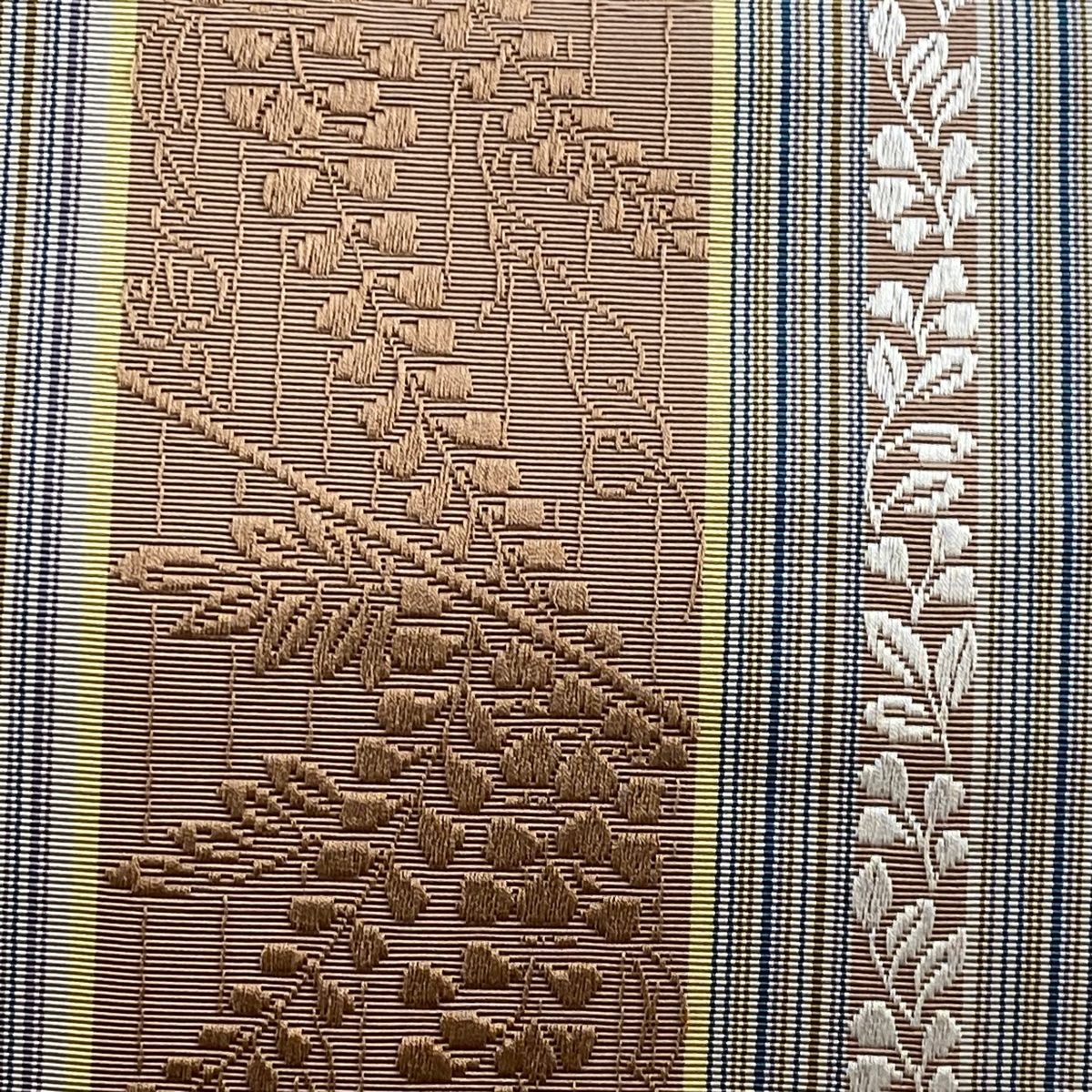 名古屋帯 八寸名古屋帯 松葉仕立て 縞 葉柄 灰色 正絹