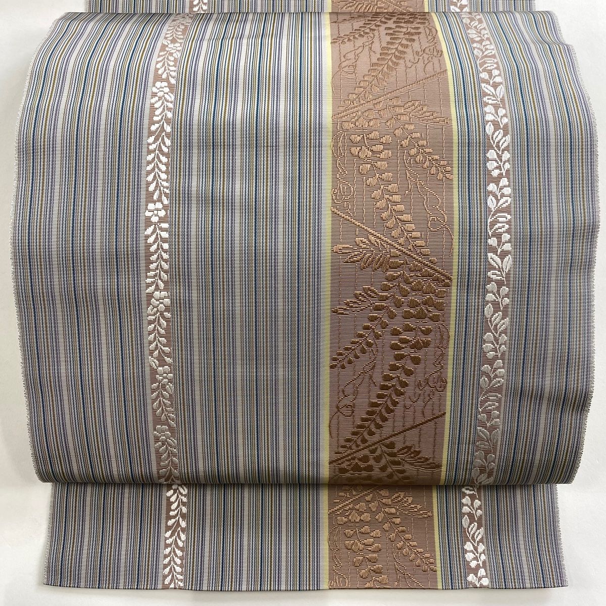 名古屋帯 八寸名古屋帯 松葉仕立て 縞 葉柄 灰色 正絹