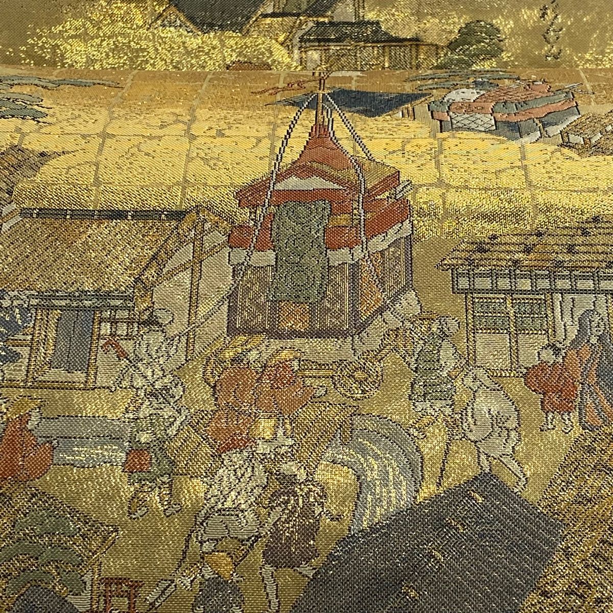 丸帯 風景 人物 箔 金色 全通 正絹