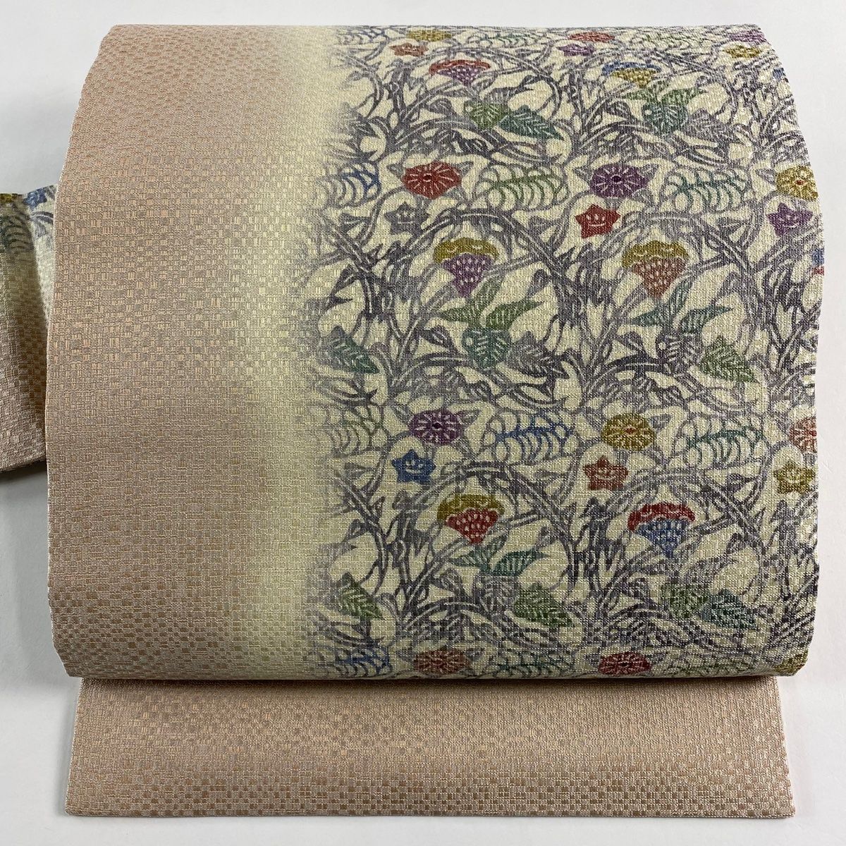 名古屋帯 草花 桔梗 箔 クリーム 正絹