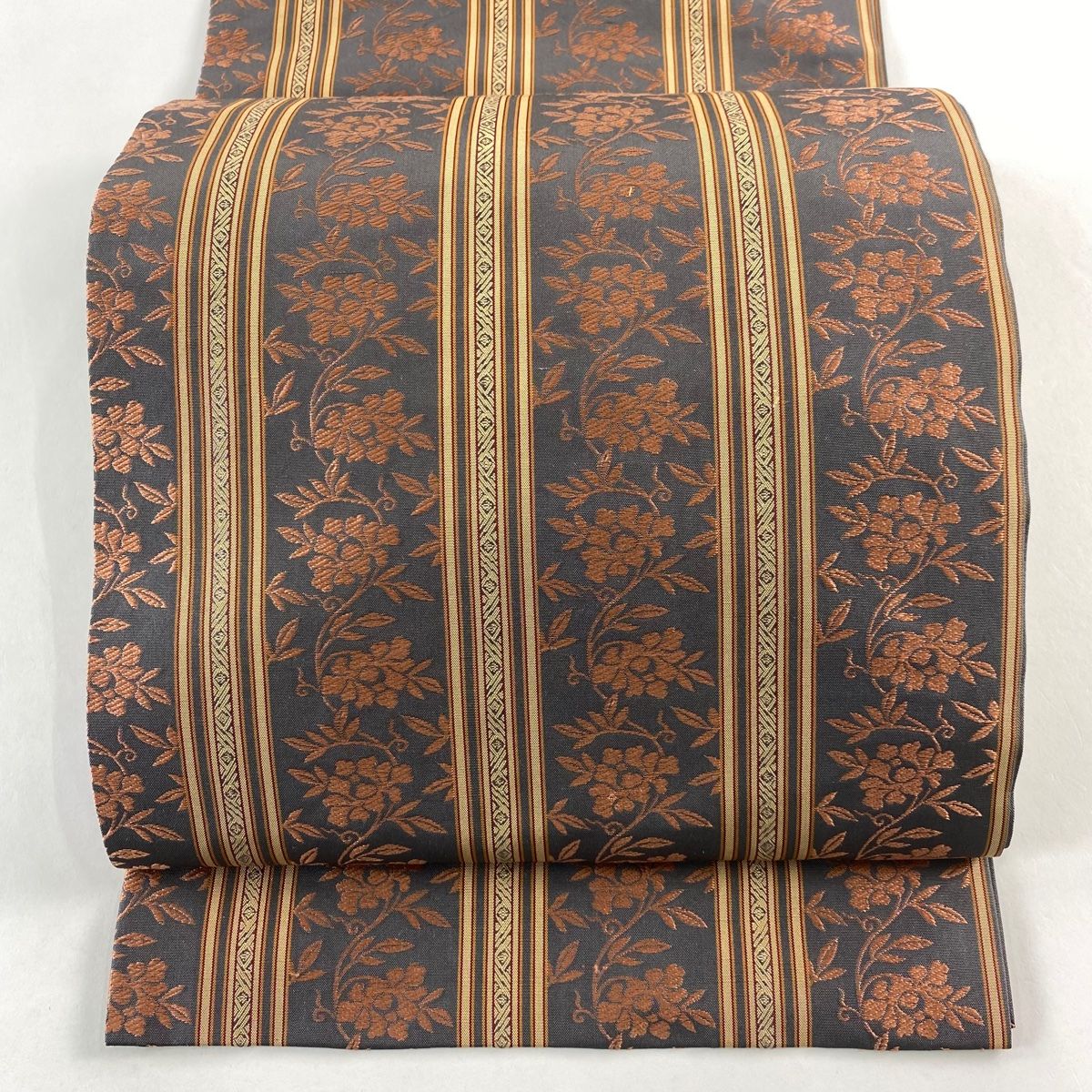 開き名古屋帯 秀品 草花 縞 灰色 正絹