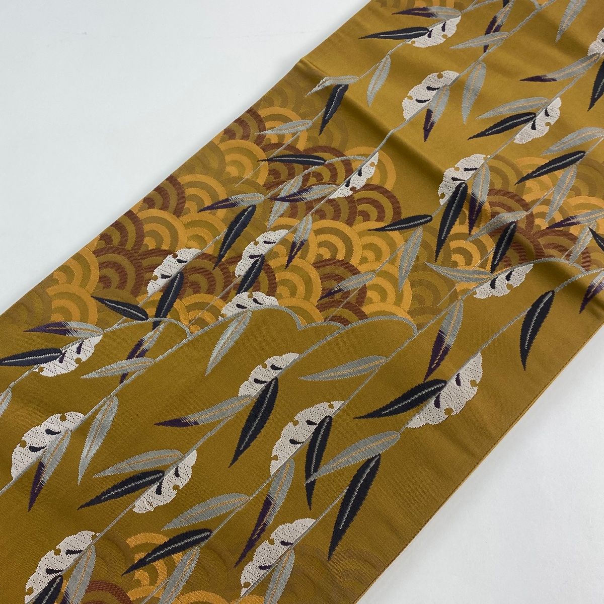  袋名古屋帯 秀品 葉柄 青海波 箔 茶色 正絹 名古屋帯 帯