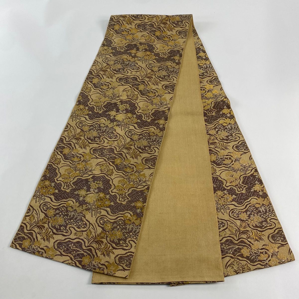  袋名古屋帯 秀品 秋草 箔 薄茶色 正絹 名古屋帯 帯