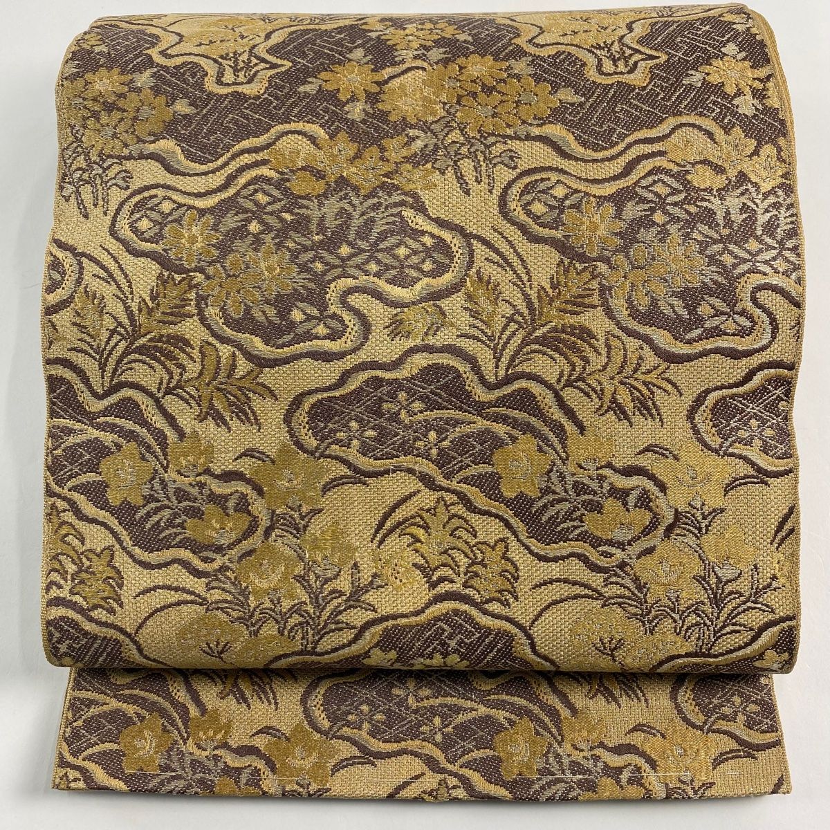 袋名古屋帯 秀品 秋草 箔 薄茶色 正絹