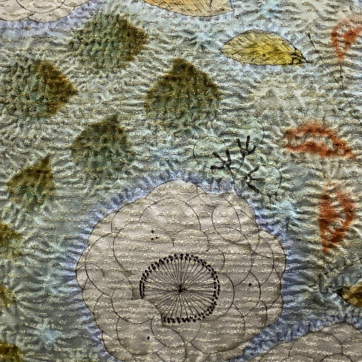 名古屋帯 初代 久保田一竹 落款 額縁仕立て 辻が花 金糸 灰緑 正絹