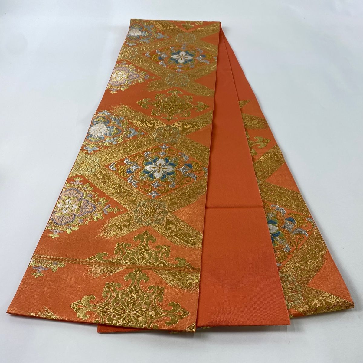 袋帯 川島織物 花菱 金色 正絹 美品】 袋帯 秀品 川島織物 落款 華文 花菱 金銀糸 刺繍 オレンジ 六通