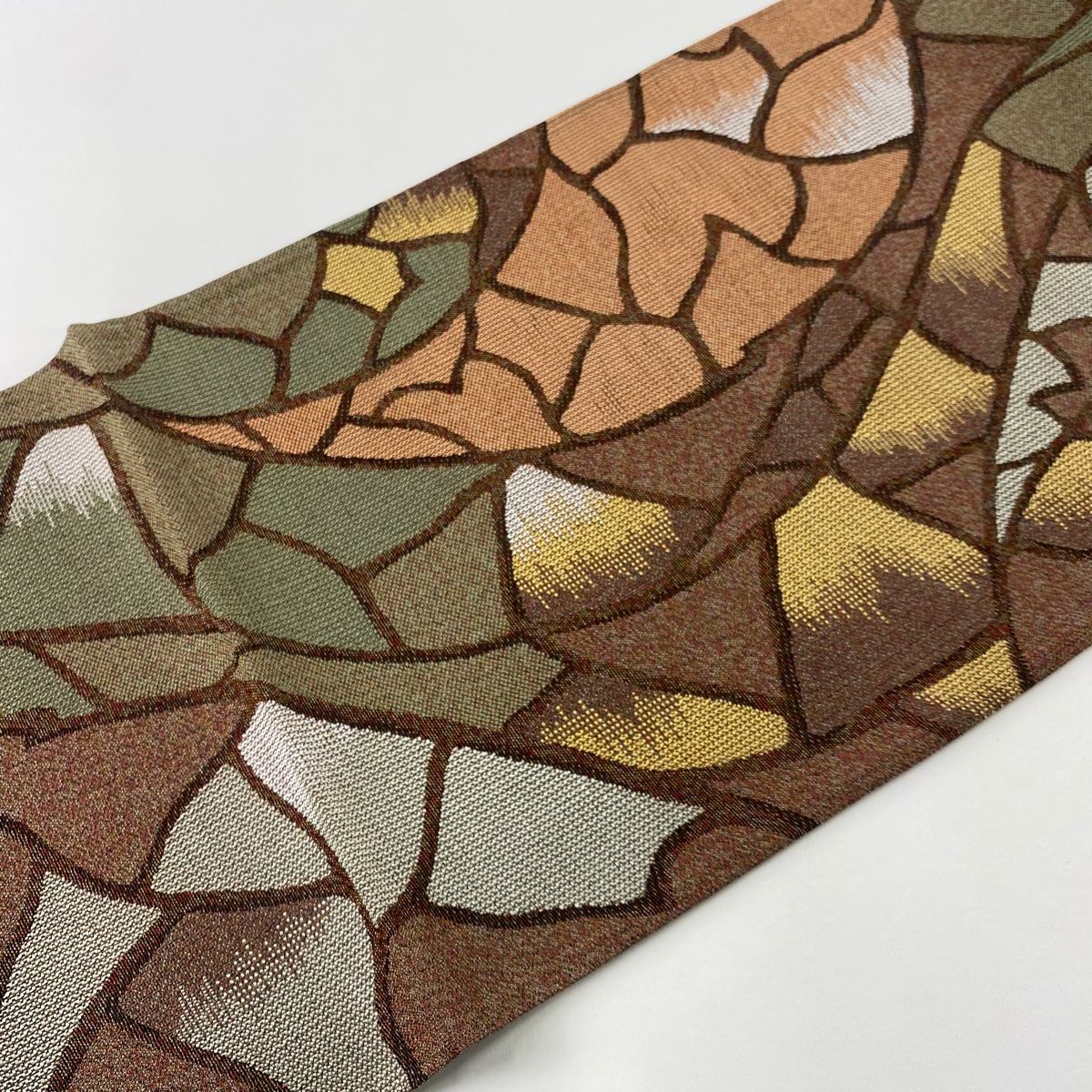  袋帯 秀品 幾何学模様 金通し 灰緑 全通 正絹 袋帯 帯