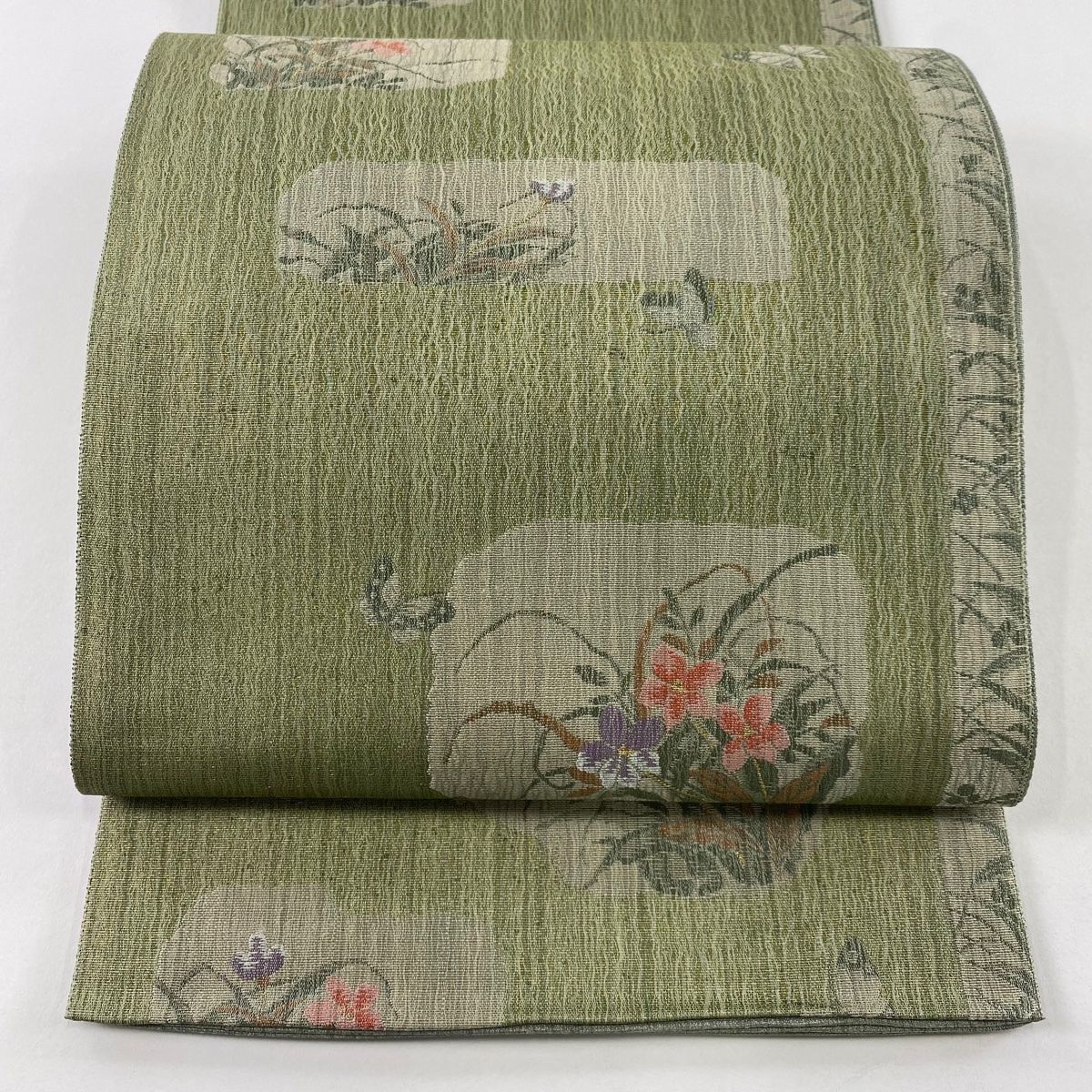 袋帯 秀品 草花 蝶 金糸 灰緑 六通 正絹