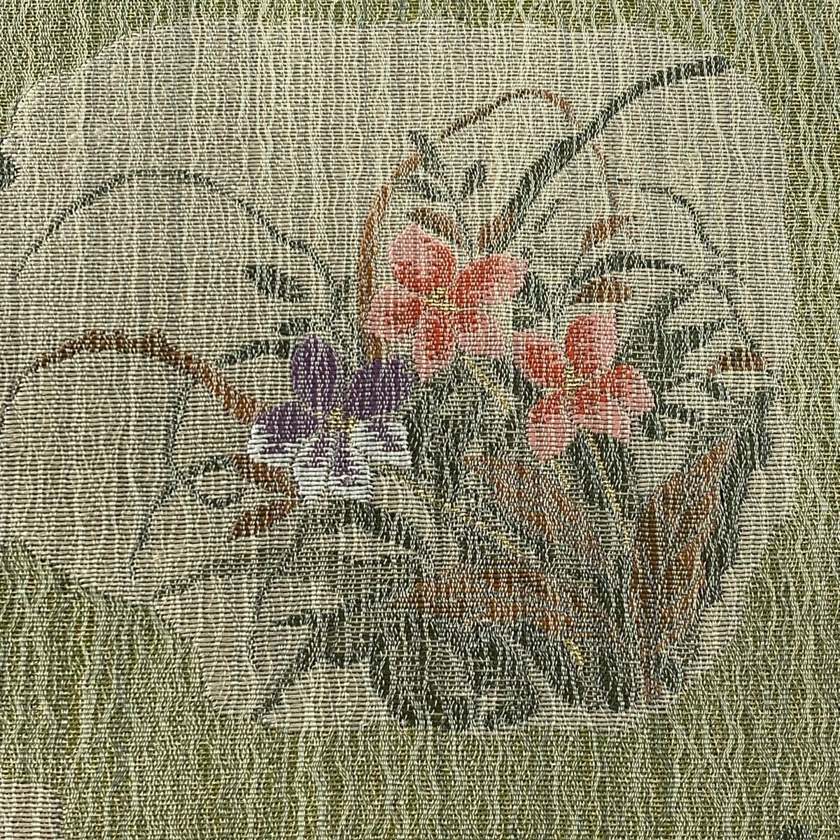 袋帯 秀品 草花 蝶 金糸 灰緑 六通 正絹