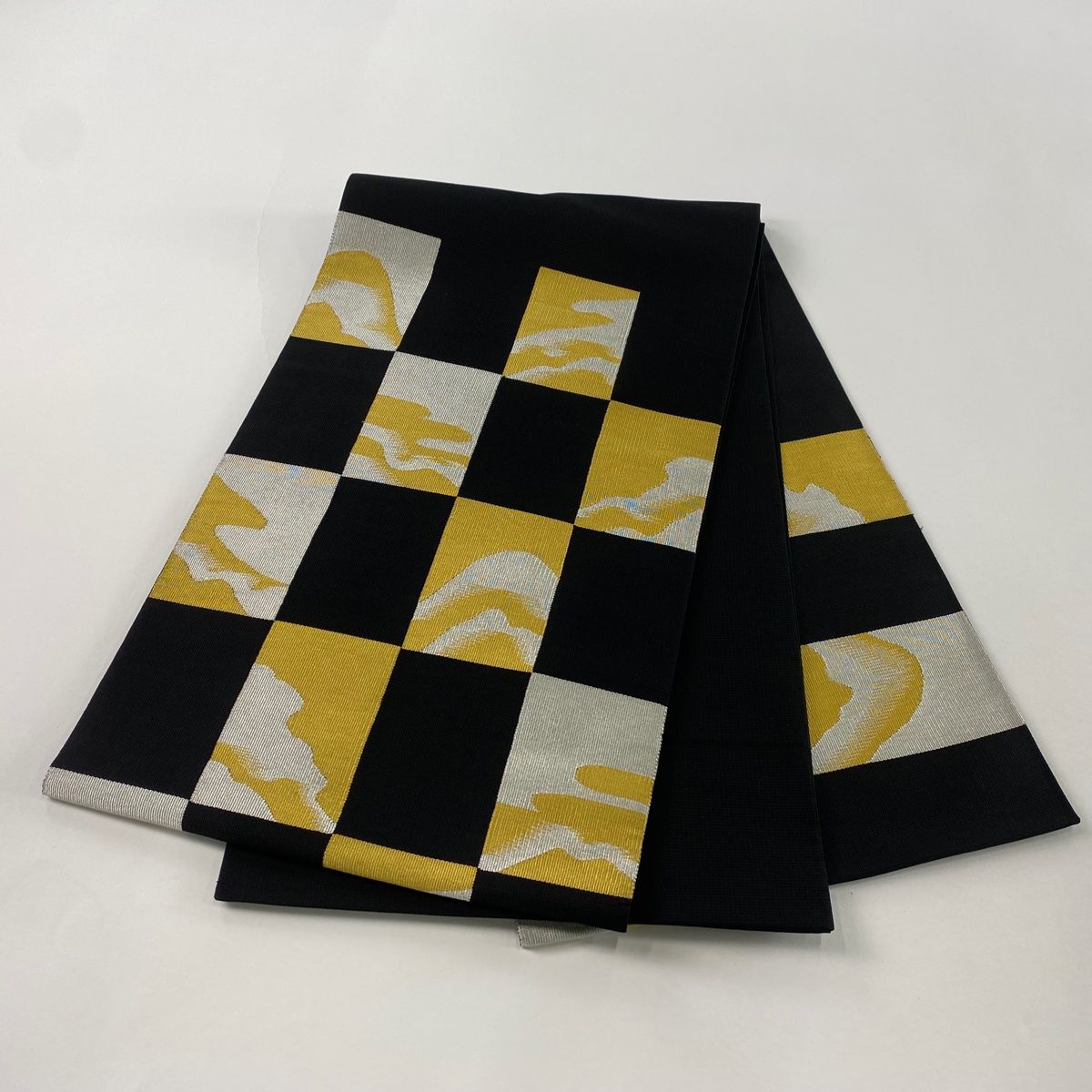  袋帯 秀品 変わり市松 霞 金銀糸 黒 お太鼓柄 正絹 袋帯 帯