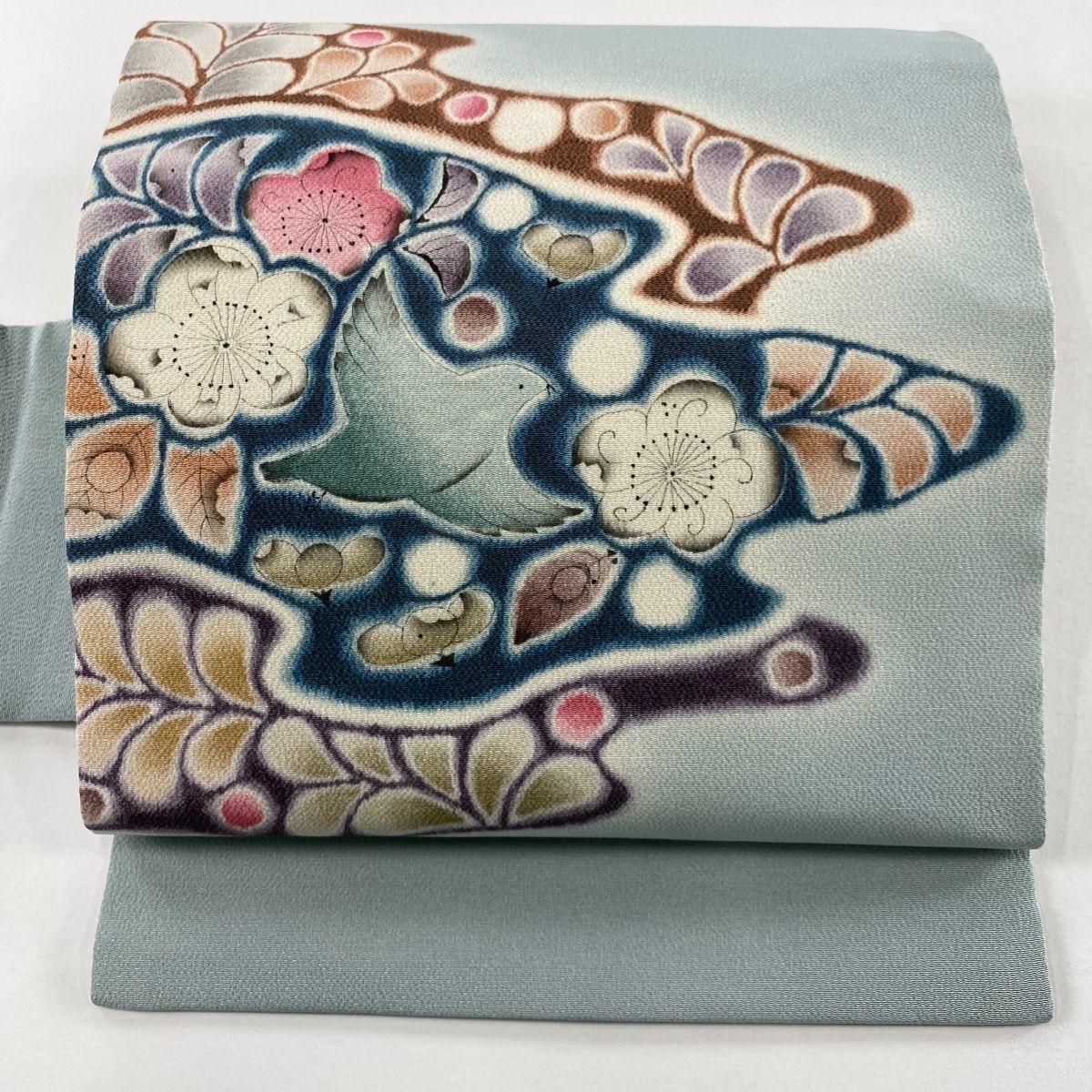 名古屋帯 秀品 辻が花柄 鳥 ぼかし 縮緬 青灰色 正絹