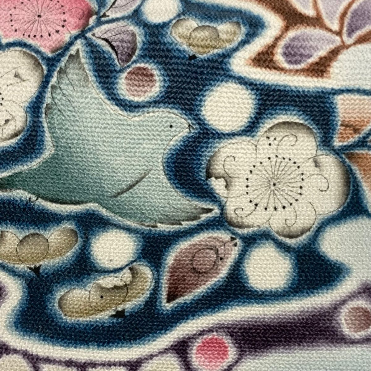 名古屋帯 秀品 辻が花柄 鳥 ぼかし 縮緬 青灰色 正絹