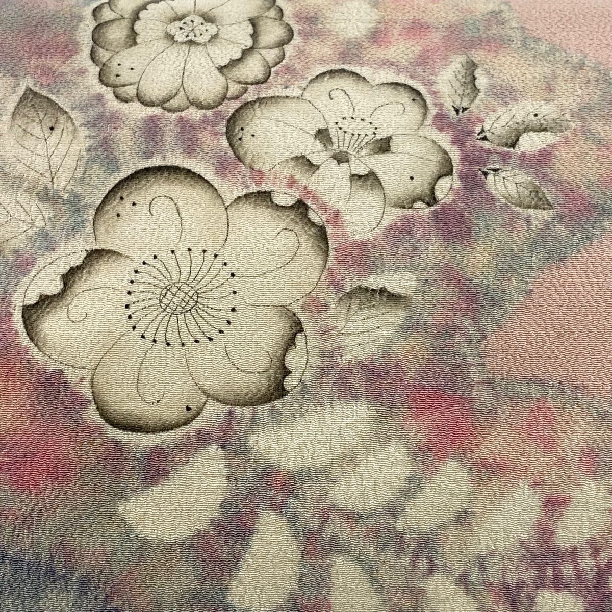 名古屋帯 秀品 辻が花柄 雲文 ぼかし 縮緬 薄ピンク 正絹