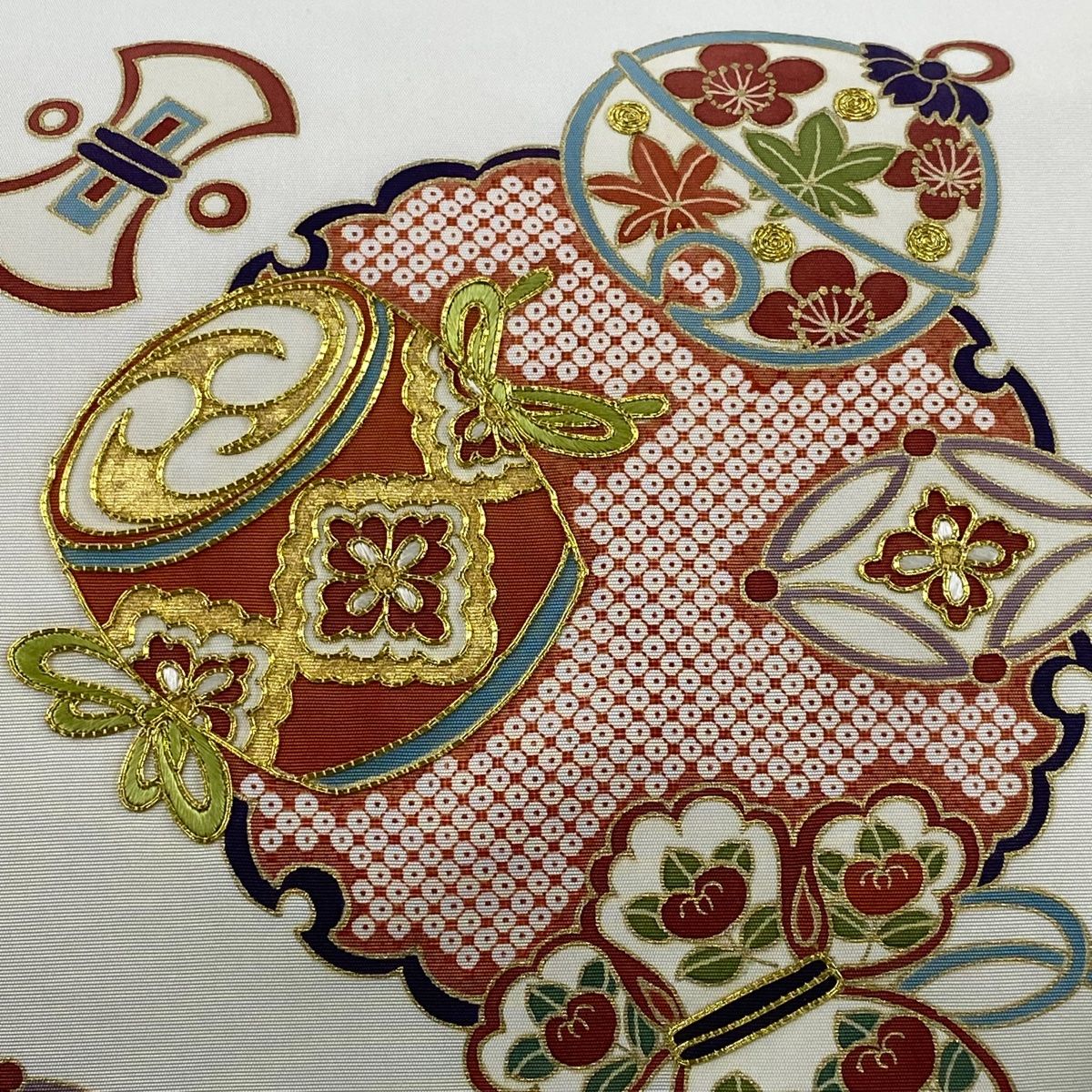 名古屋帯 秀品 落款 雪輪 宝尽くし 金糸 金彩 クリーム 正絹