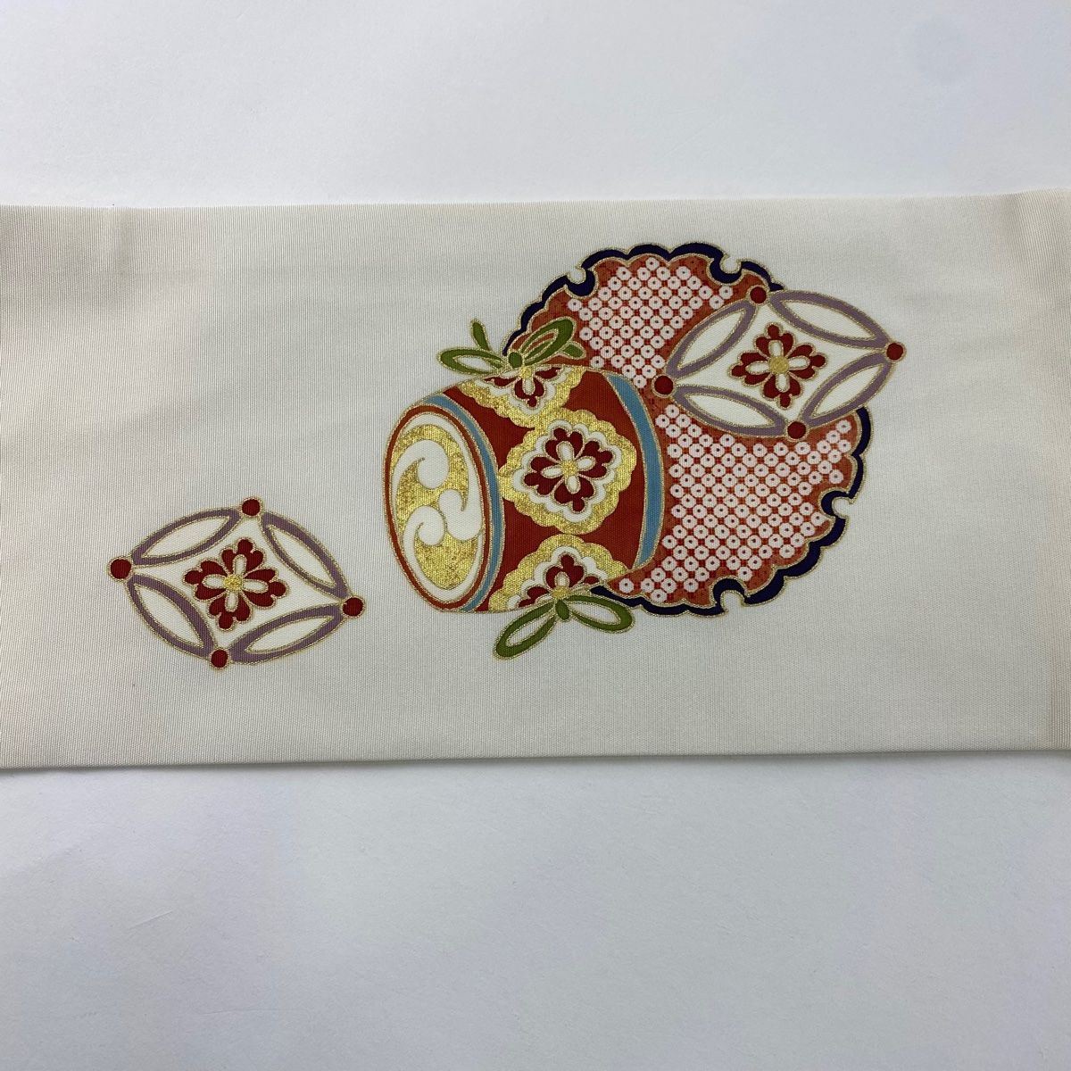  名古屋帯 秀品 落款 雪輪 宝尽くし 金糸 金彩 クリーム 正絹 名古屋帯 帯